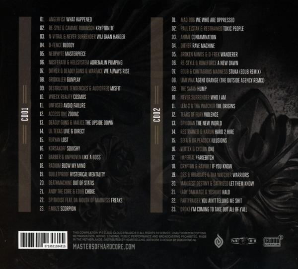 CD-Hülle mit zwei Textspalten. Das Cover hat einen dunklen Hintergrund und weißen Text.