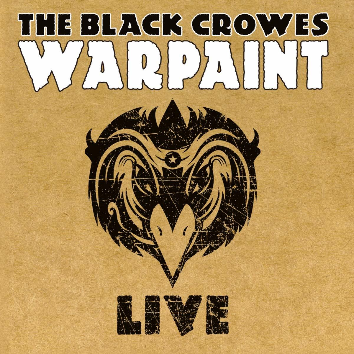 Albumcover. The Black Crowes Warpaint Live. Ein schwarzes, krähenartiges Bild auf strukturiertem braunen Grund.