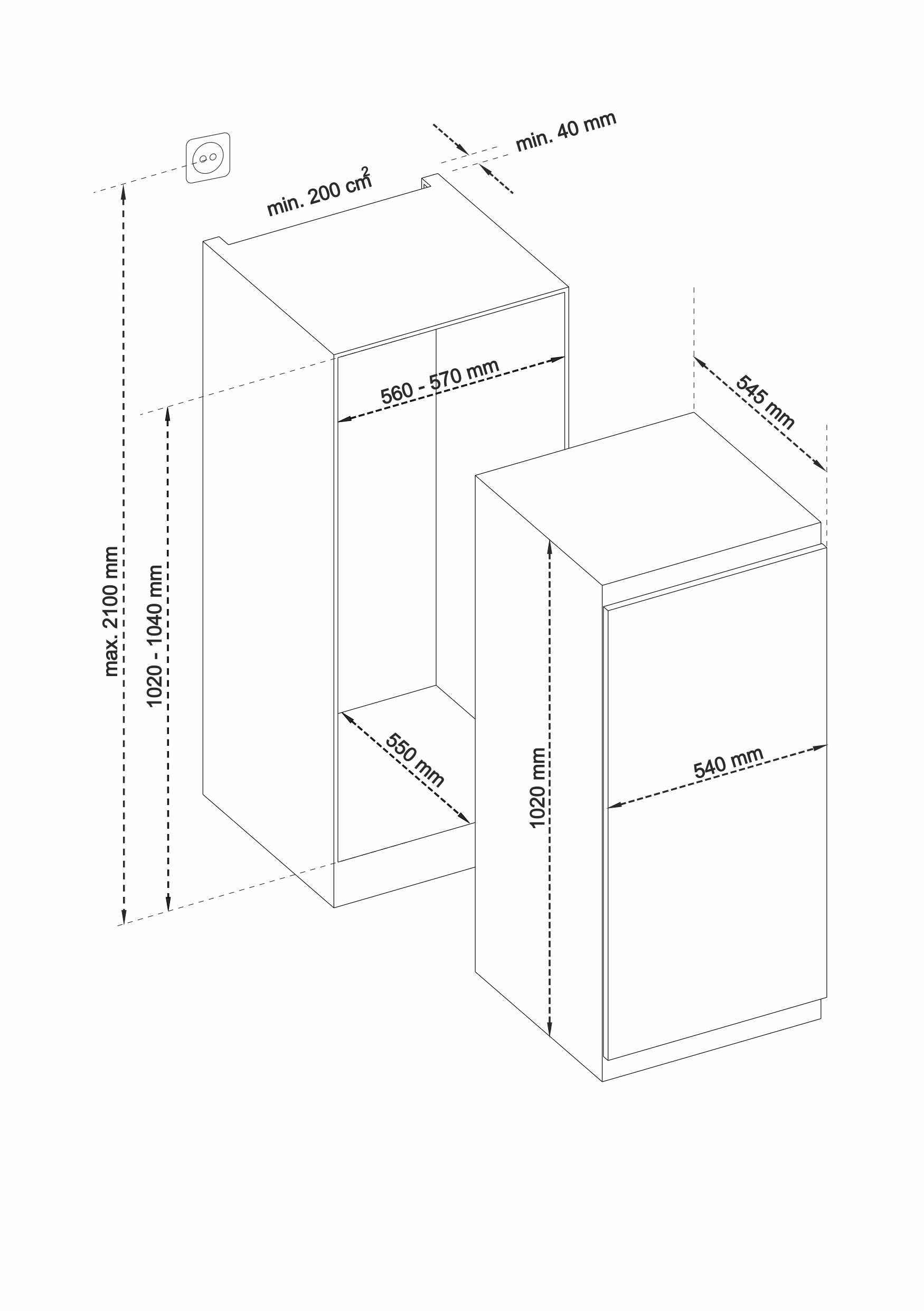 Diagramm eines Kühlschranks und seine Abmessungen in einer technischen Zeichnung.
