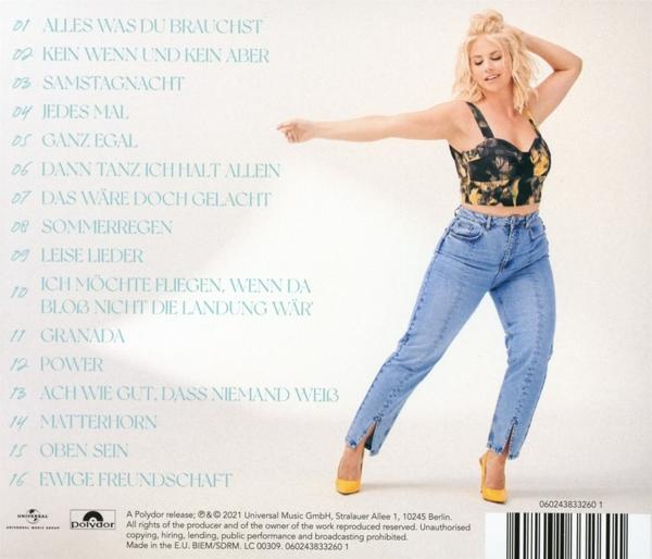 Albumcover mit Frau in Jeans, gelben Absätzen und floralem Top, mit deutschem Text.