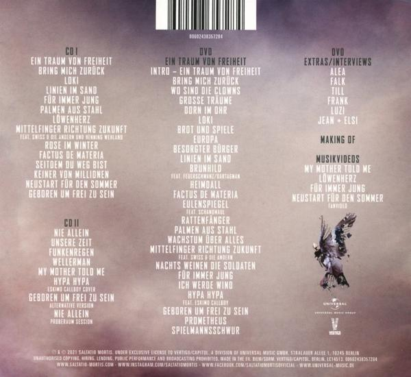 CD- und DVD-Hüllen mit Text und Titellisten. Der Text ist auf Deutsch.