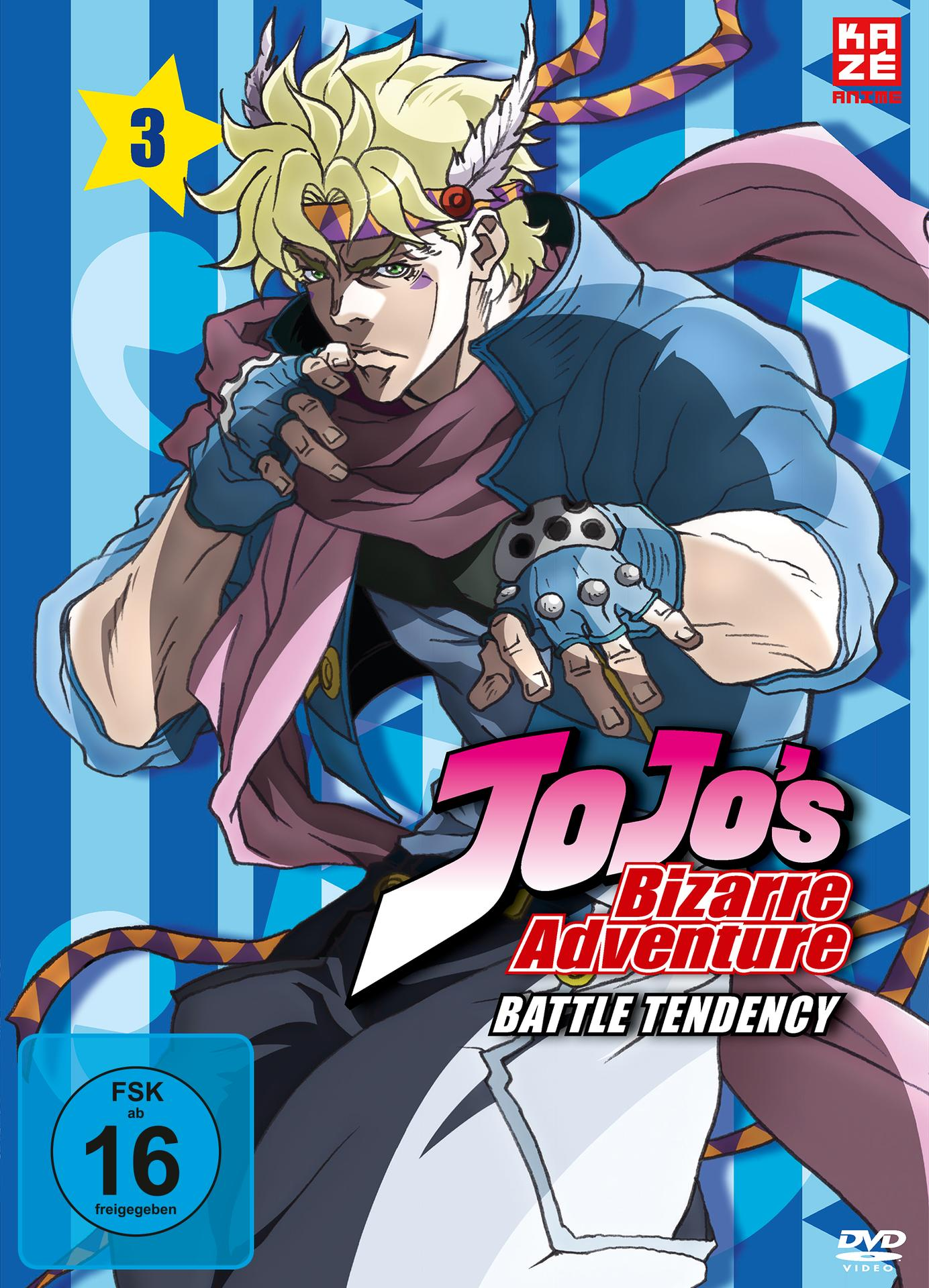 Anime-DVD-Cover mit blondem Mann und lila Schal. Titel: JoJos bizarres Abenteuer.
