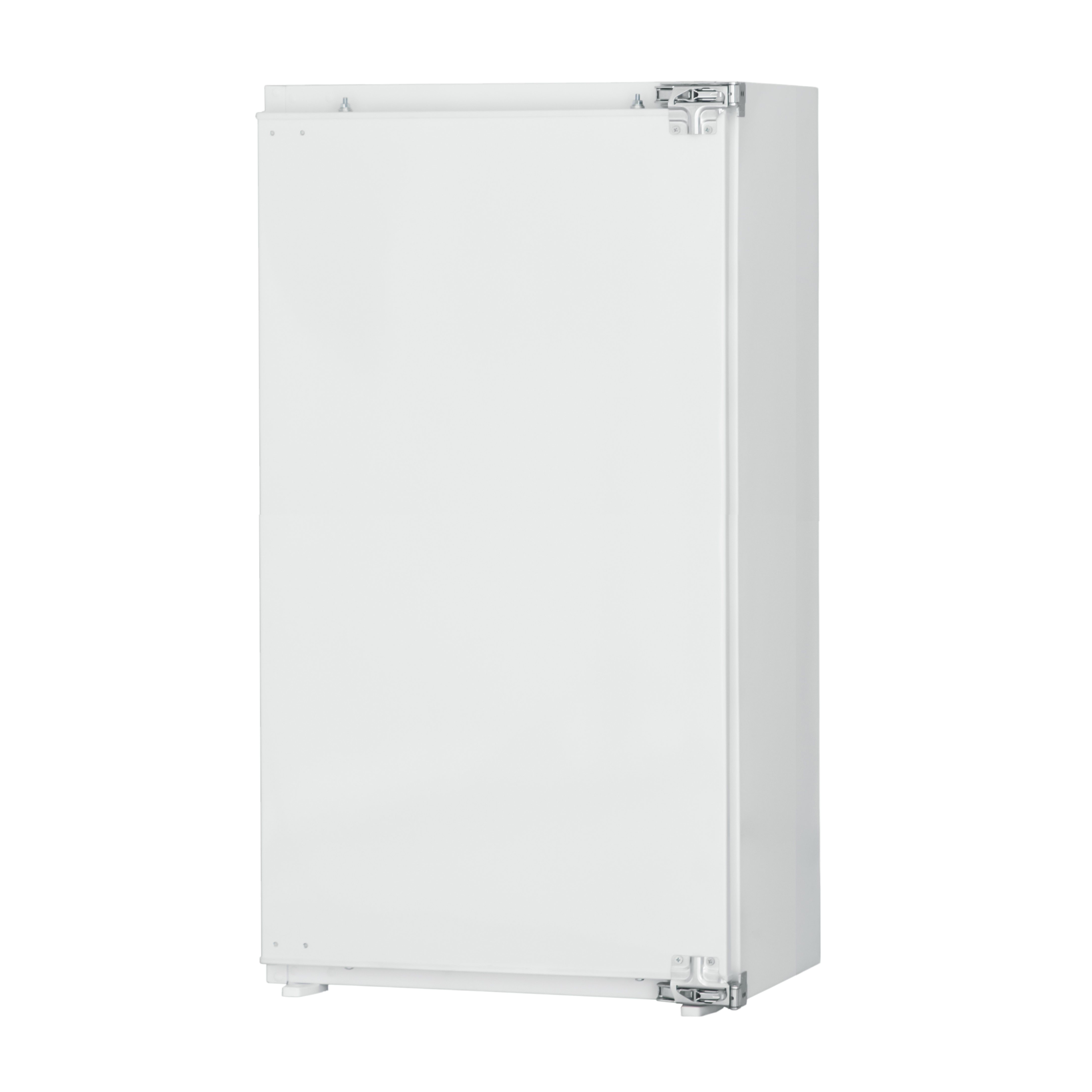 Ein hoher weißer Kühlschrank mit schlichtem Design steht vor einem weißen Hintergrund, isoliert und sauber.