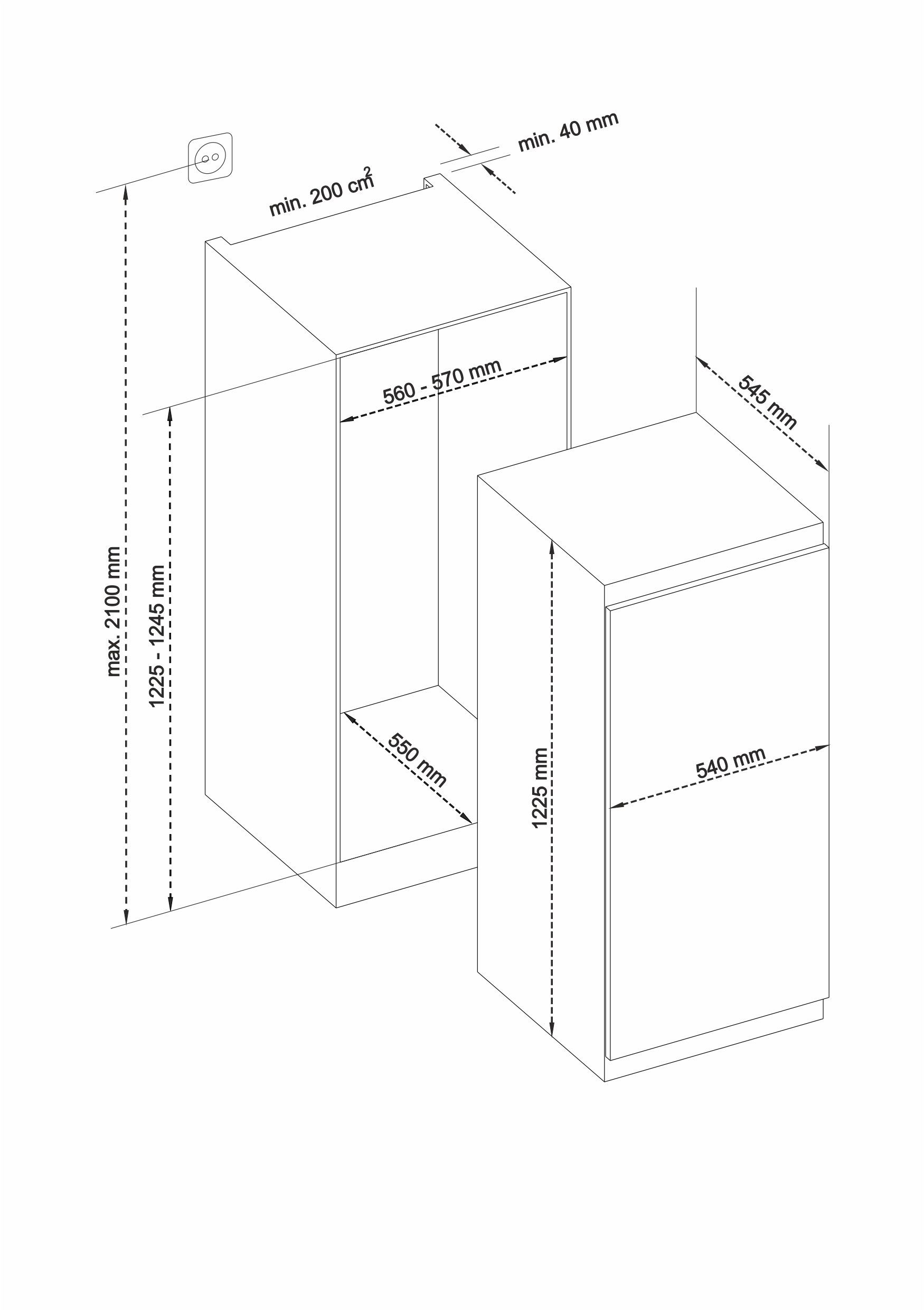 Diagramm mit Maßen für einen Einbaukühlschrank und seinen Schrank.