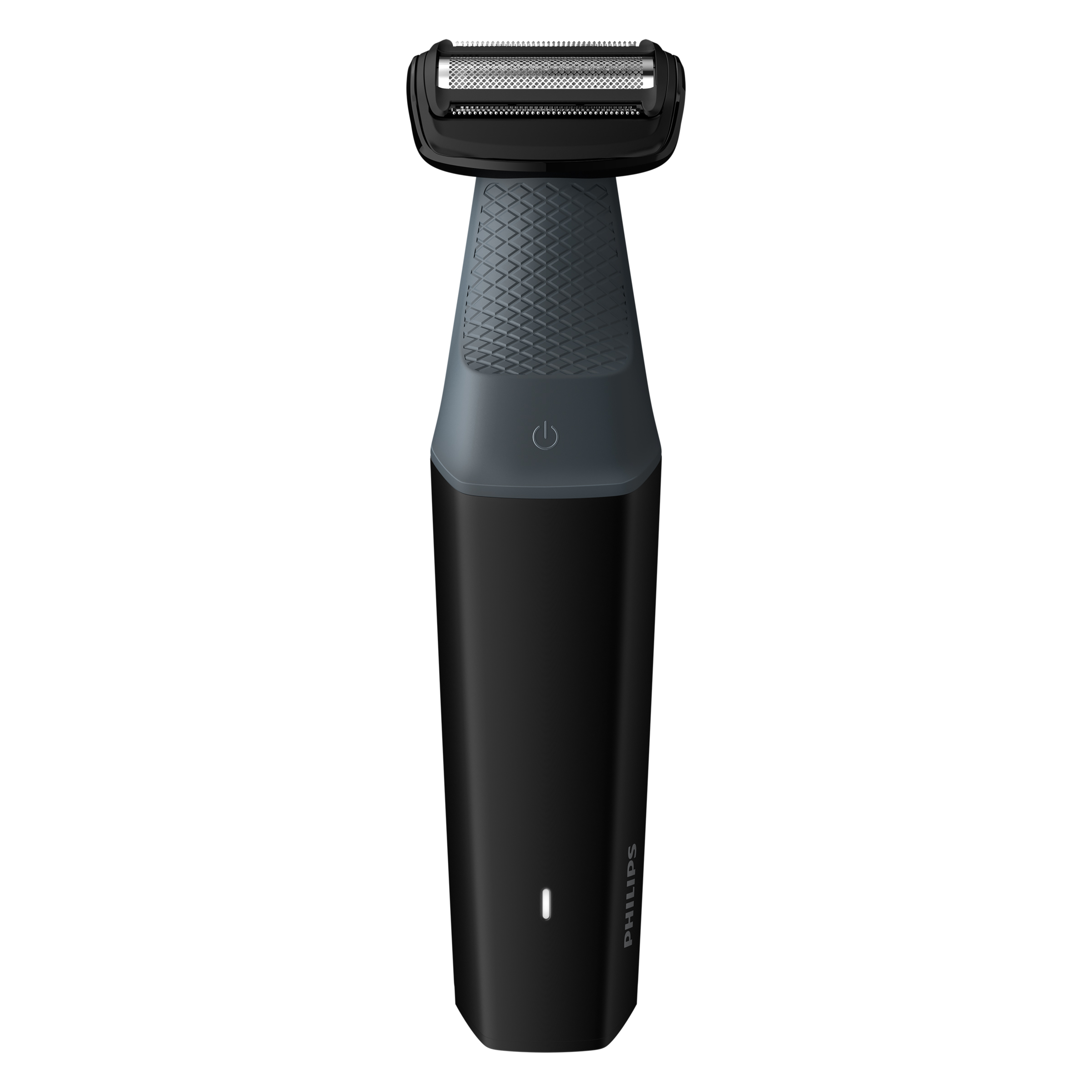 Ein schwarz-grauer Bodygroomer. Er verfügt über einen Ein-/Ausschalter und ein Philips-Logo.