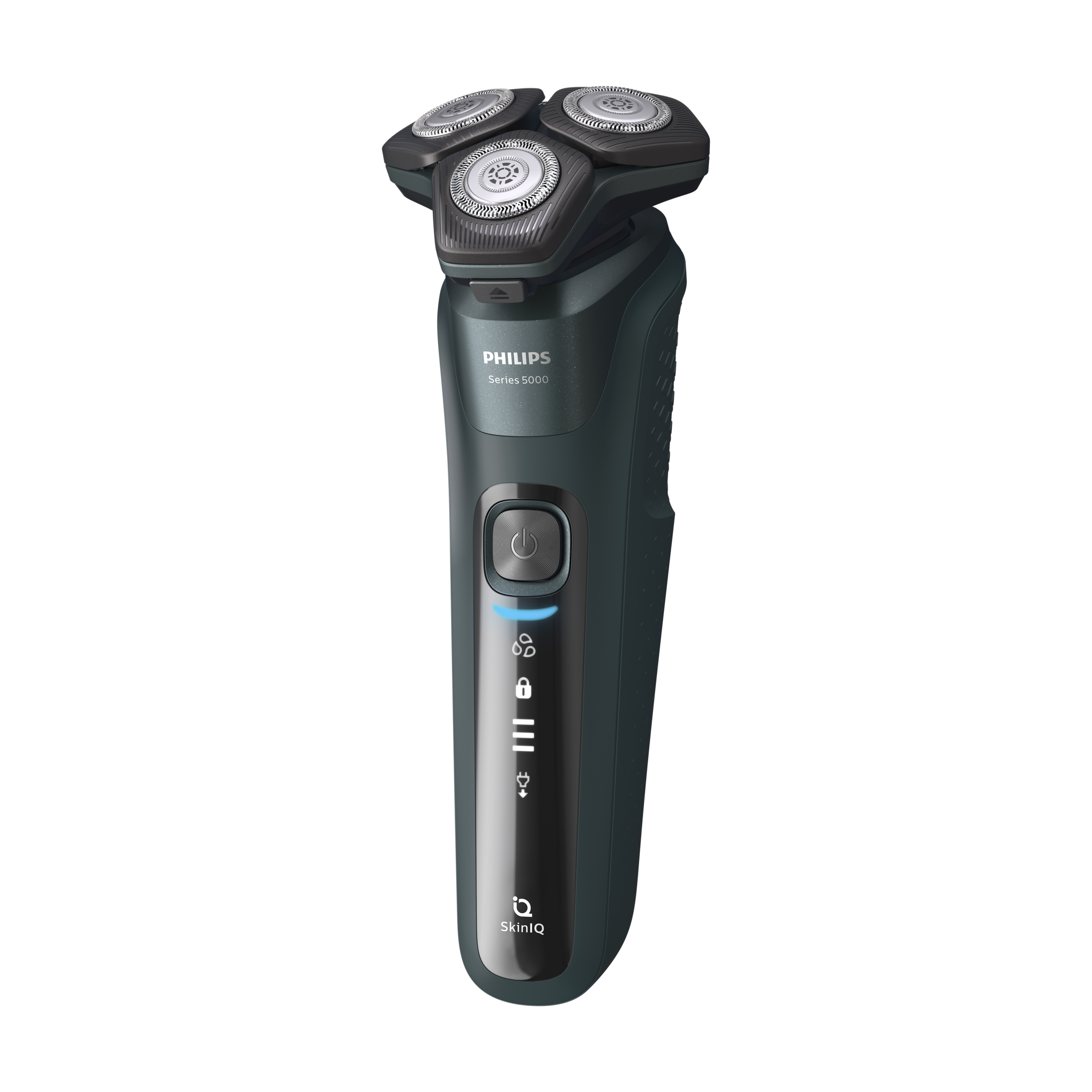 Elektrischer Rasierer Philips Series 5000. Dunkelgraues Gehäuse, drei Rotationsköpfe, Power-Taste, SkinIQ.