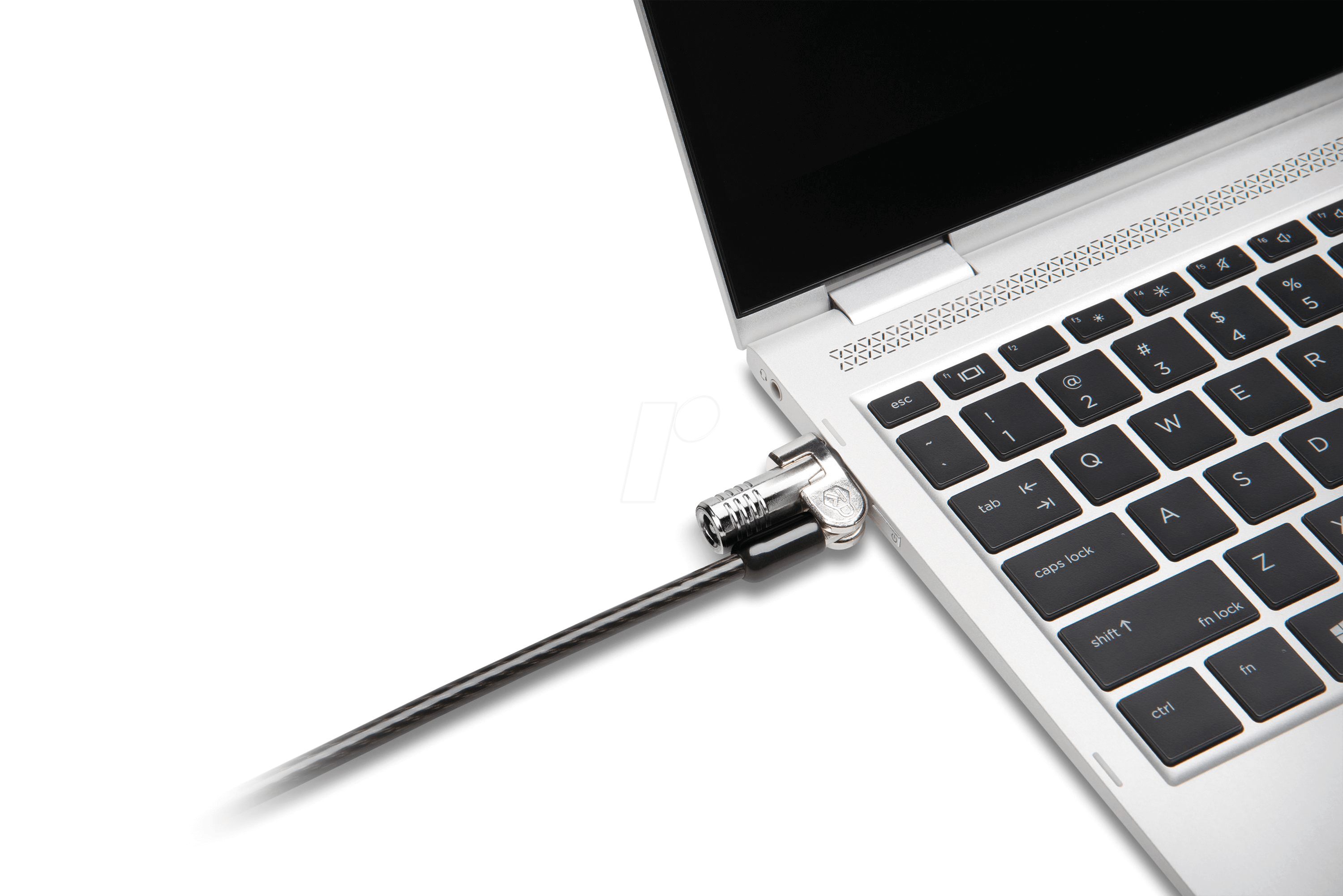 Egy laptop kábelzárral rögzítve. A zár a laptop oldalára van rögzítve.