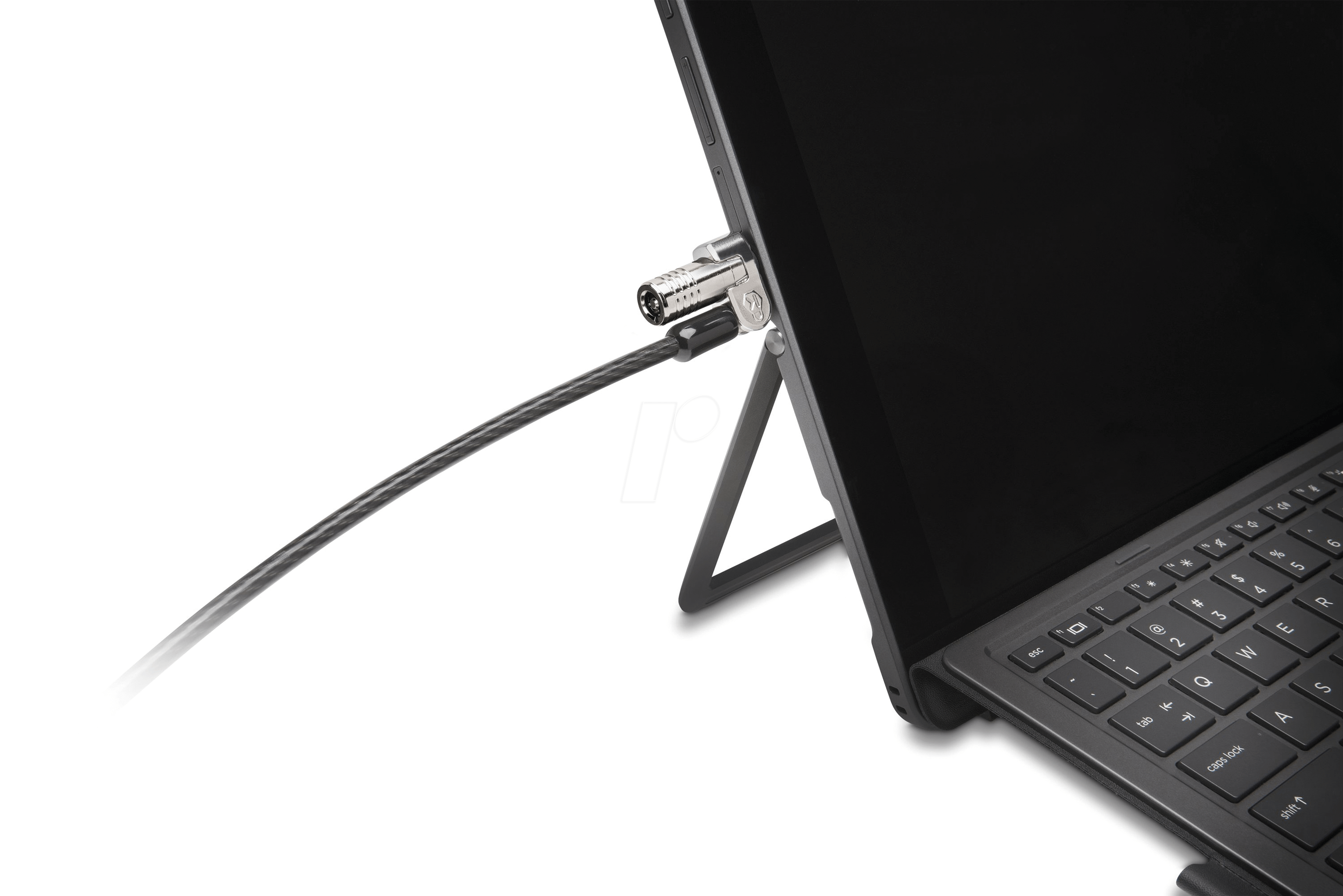 Egy laptop kábellel rögzítve. A kábel a laptophoz és egy zárhoz van csatlakoztatva.