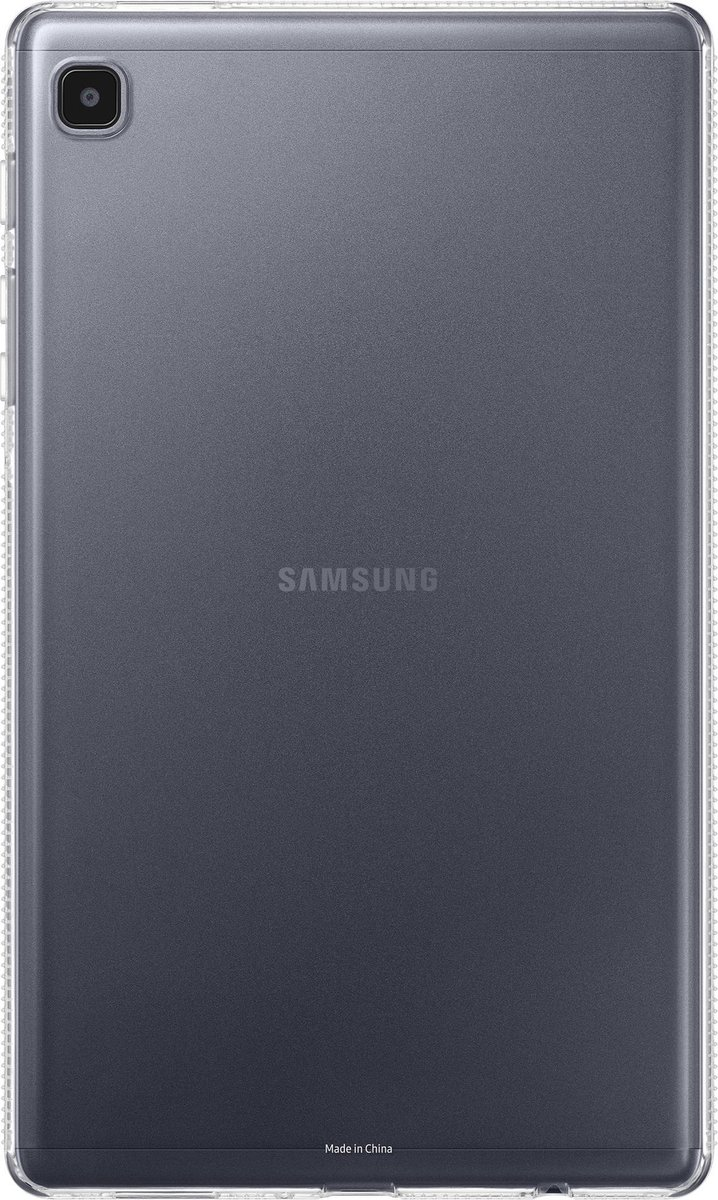 Egy szürke Samsung tablet hátulja átlátszó védőtokban.