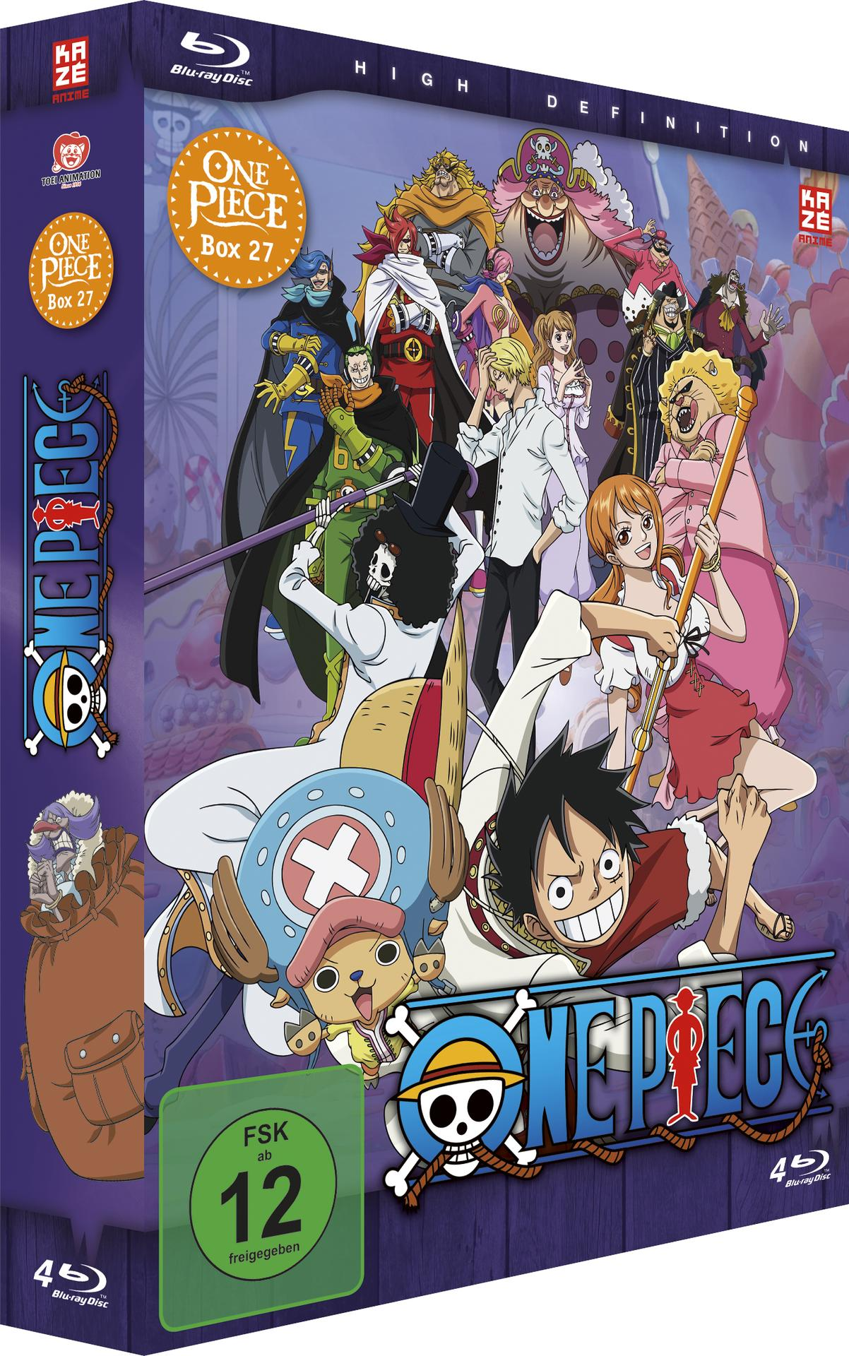 One Piece Box Set. Zeichentrickfiguren auf dem Cover. Piratenflagge und Logo.