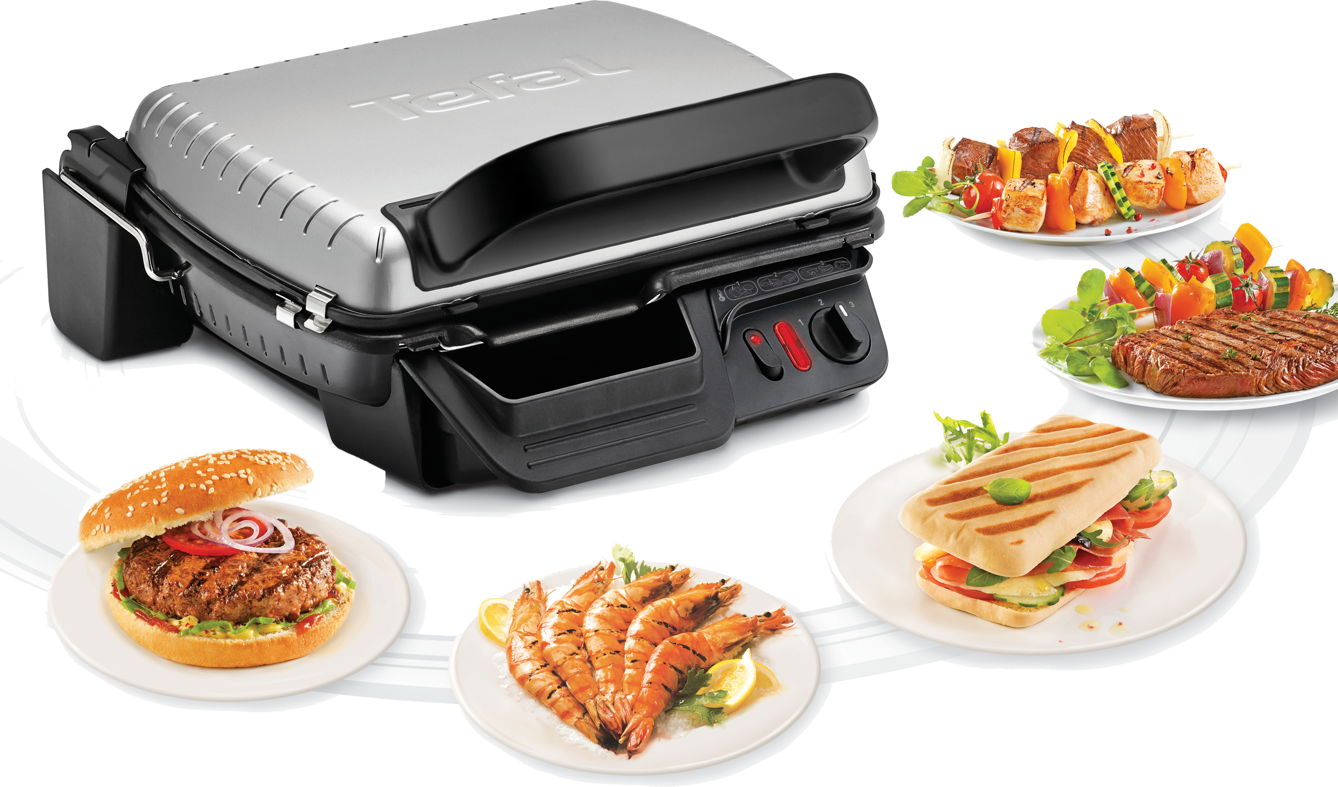Tefal grill sült ételekkel, burgerekkel, nyársakkal, garnélákkal és szendvicsekkel.