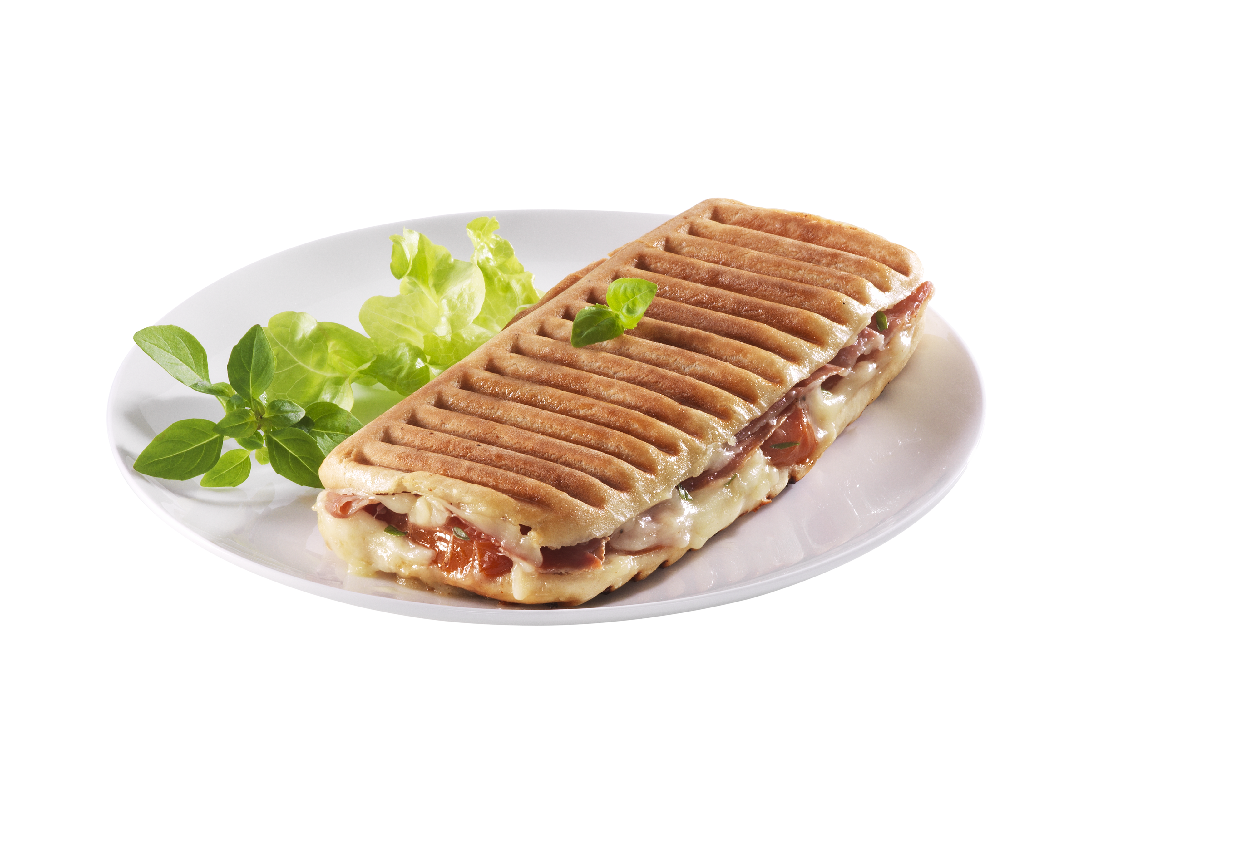 Panini szendvics fehér tányéron, bazsalikommal és salátával.