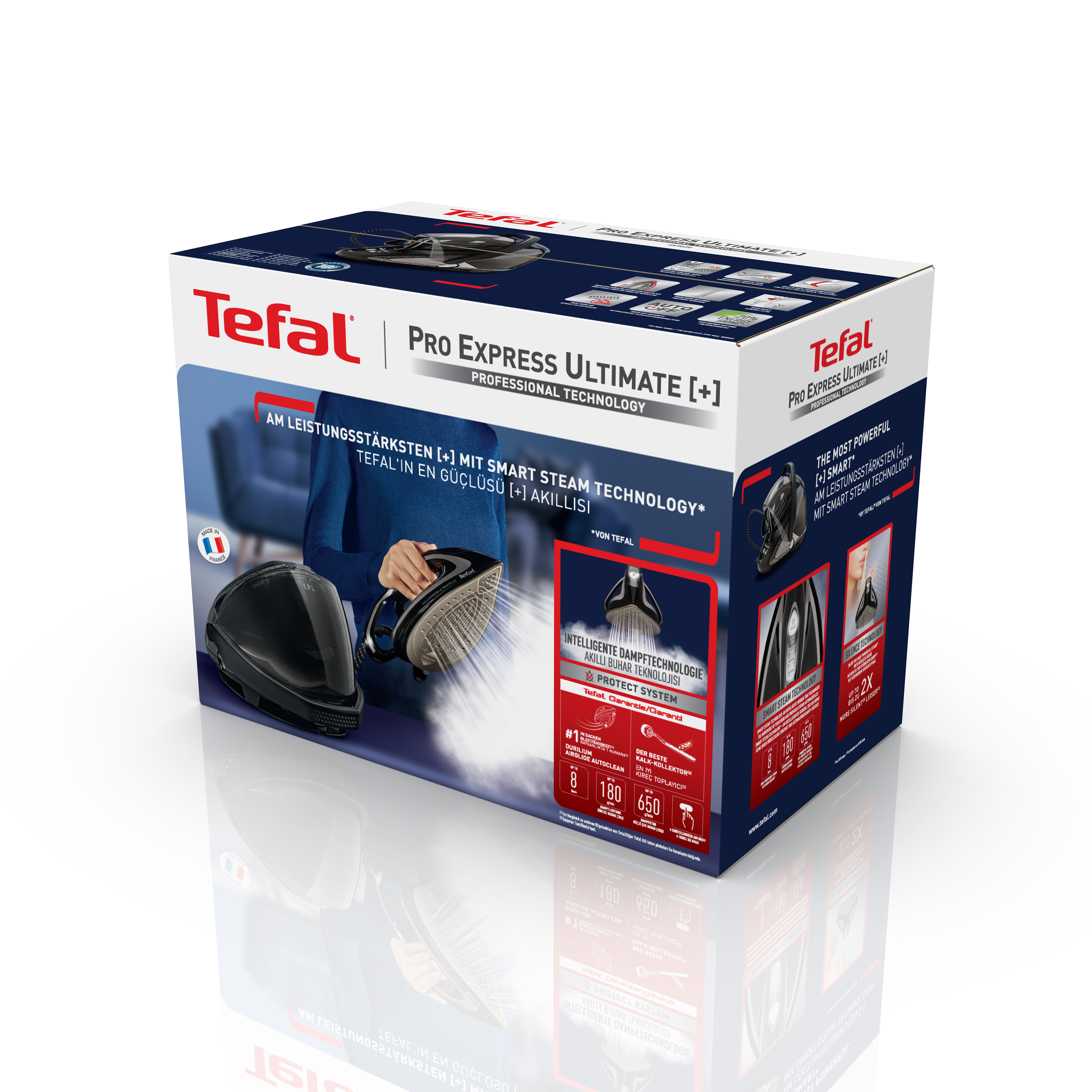 Tefal Pro Express Ultimate vasaló doboz egy vasaló személy képével.
