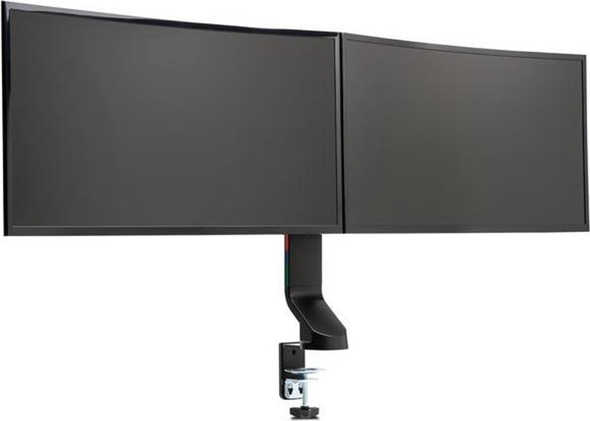 Két ívelt fekete számítógép monitor állványon, fehér háttér előtt.