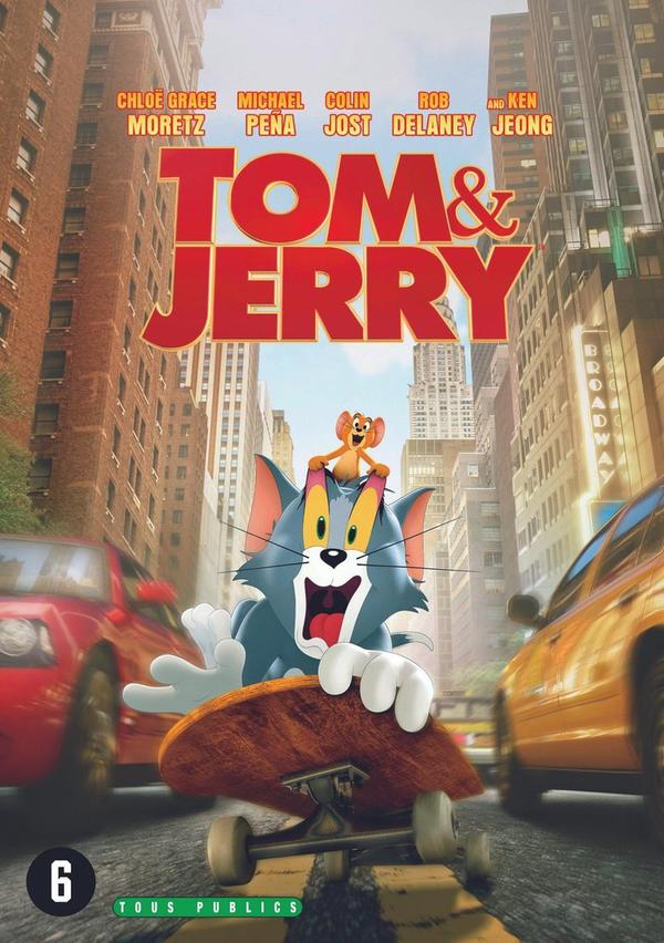 Affiche du film Tom et Jerry. Chat sur skateboard, souris dessus. Toile de fond urbaine.
