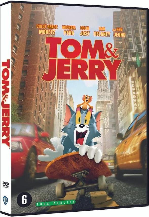 Couverture du film Tom & Jerry avec les personnages sur un skateboard et un fond de ville.