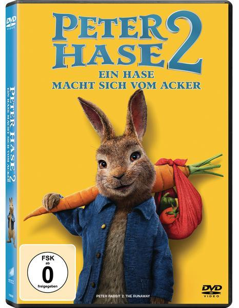 DVD-Cover von Peter Hase 2 mit Peter Hase, der eine Karotte und eine Tasche hält.