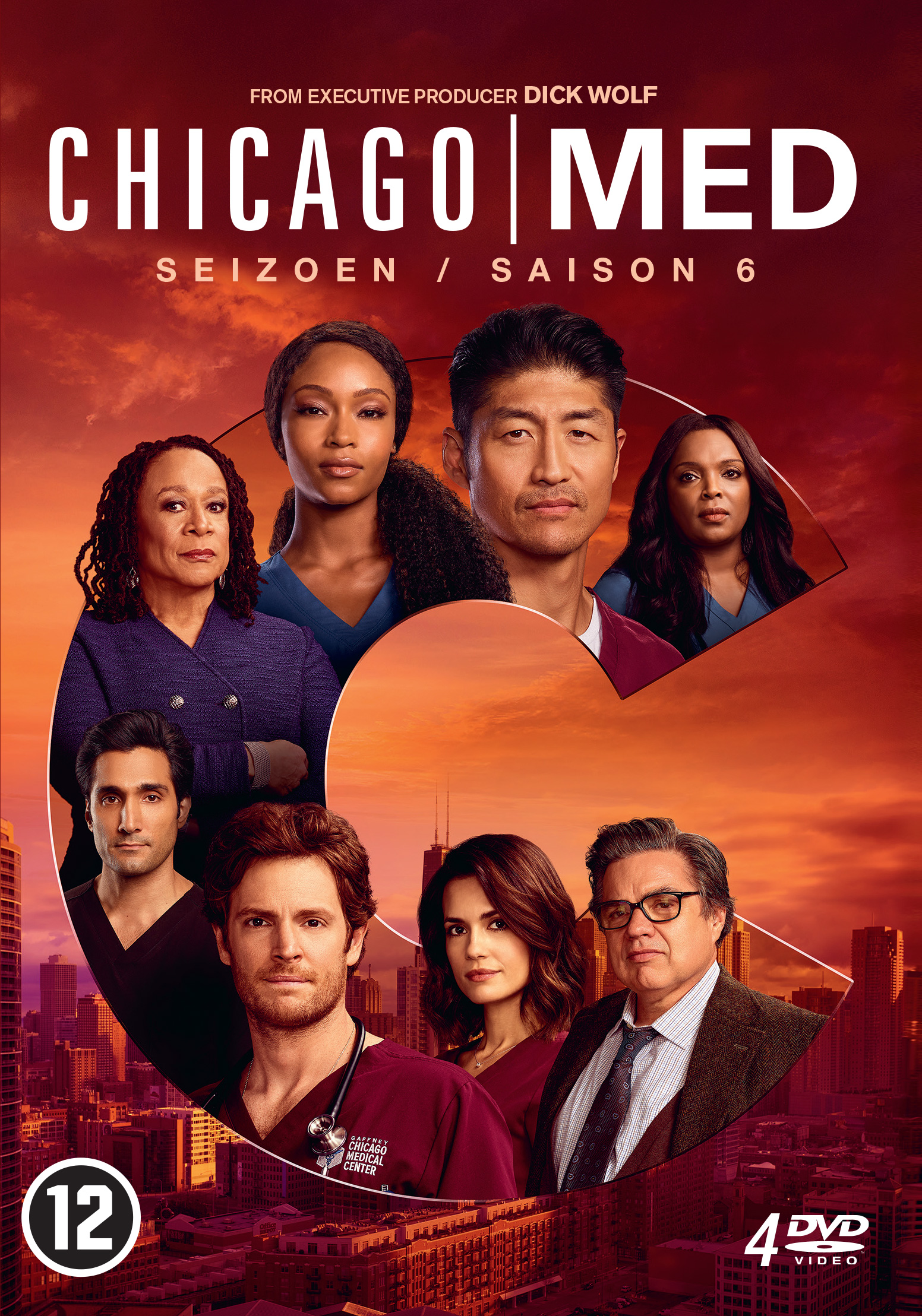 DVD-hoes met een groep mensen. De titel is CHICAGO MED, seizoen 6. Rode en donkere achtergrond.