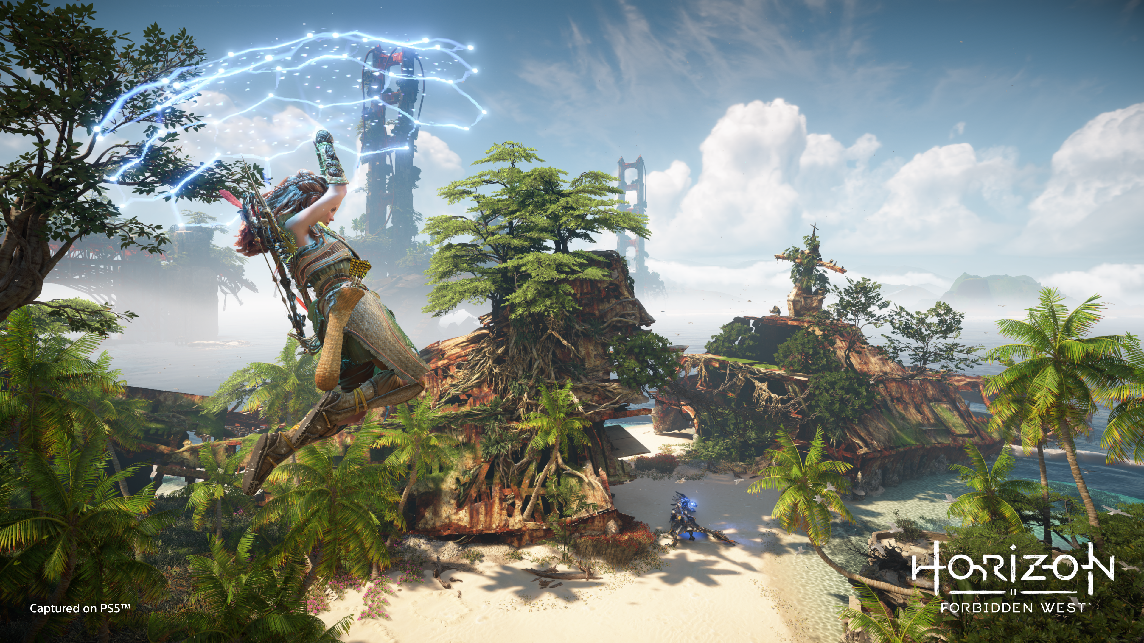 Eine Frau im Spiel Horizon Forbidden West, die mit einer Waffe springt.
