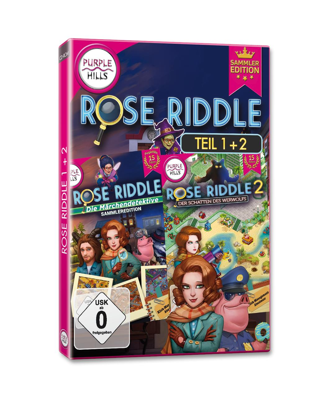 Spielbox für 'Rose Riddle' mit einer Frau und Zeichentrickfiguren.