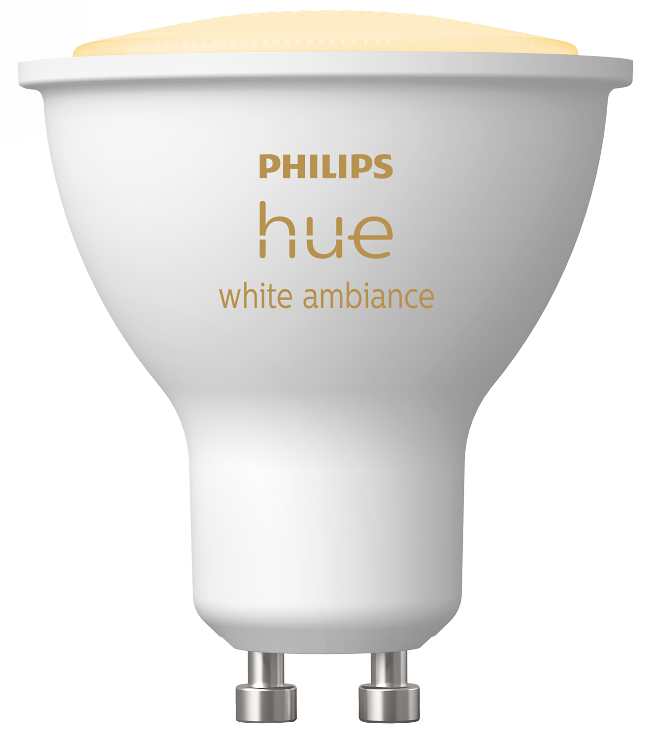 Ampoule intelligente Philips Hue blanche avec texte doré, sur fond noir.
