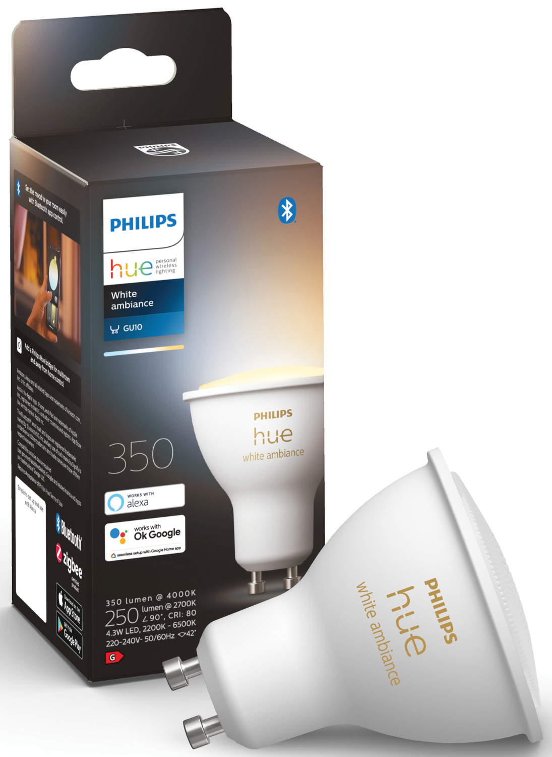 Ampoule intelligente blanche Philips Hue GU10 avec la boîte en arrière-plan.