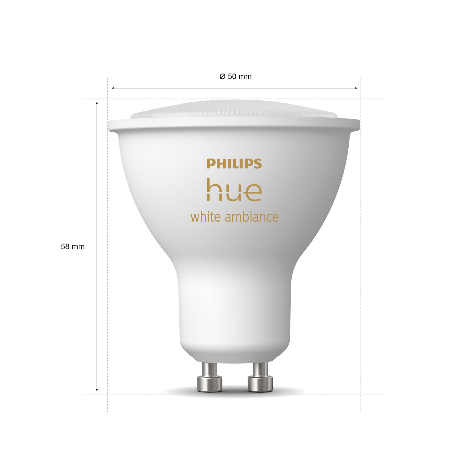 Ampoule intelligente Philips Hue blanche avec dimensions affichées.