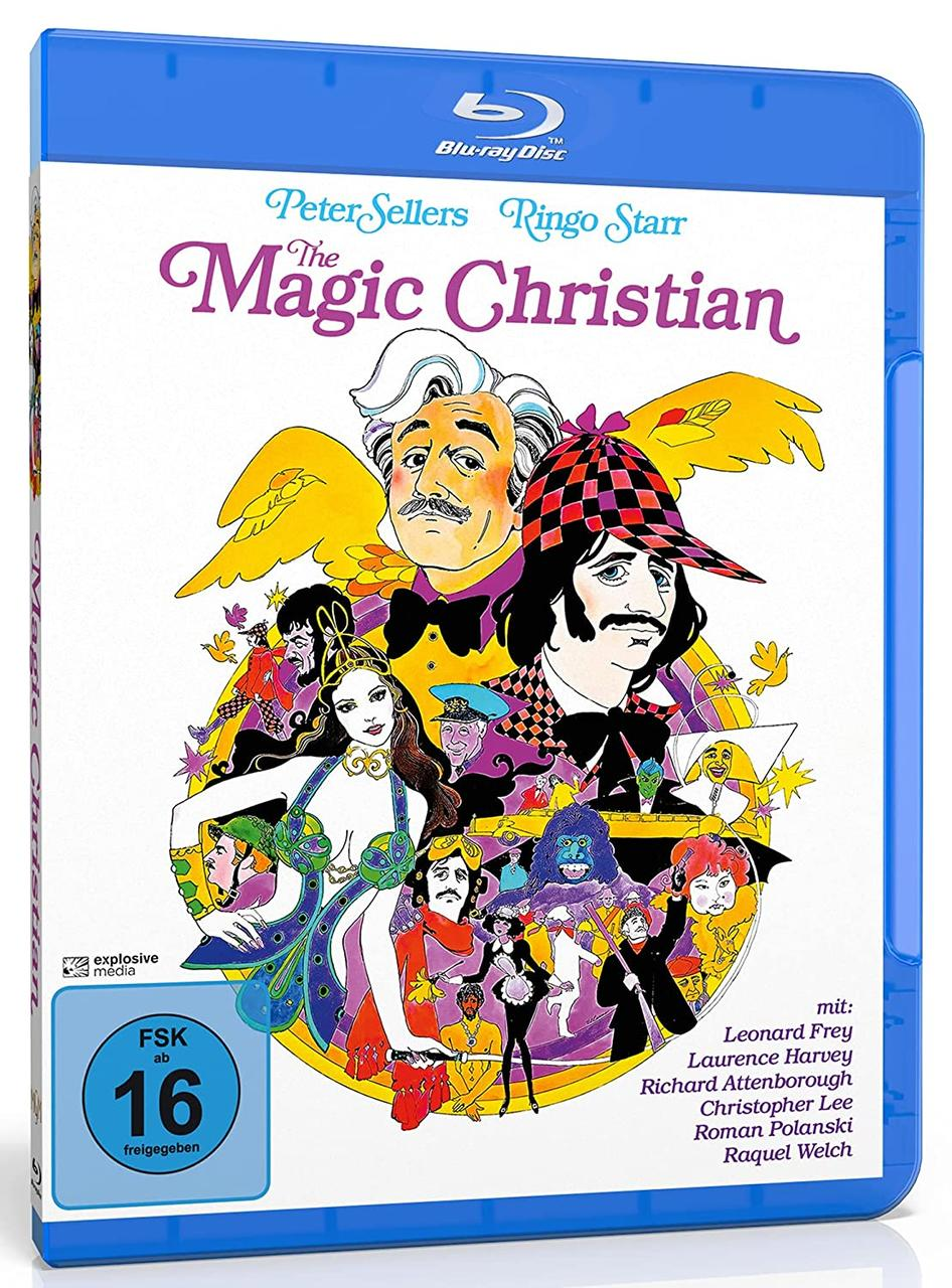 Blu-ray-Disc-Cover des Films „The Magic Christian“ mit farbenfroher Illustration.