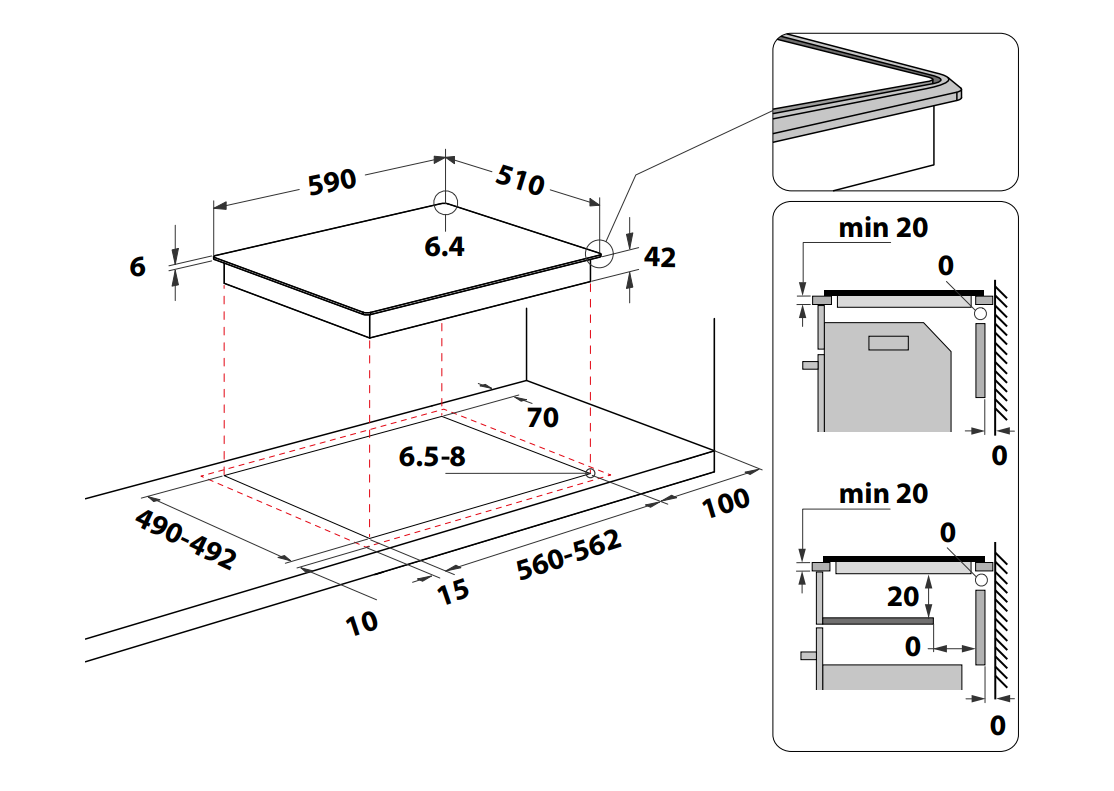Főzőlap beszerelési diagramja, méretekkel és kivágási méretekkel. Felülnézet.