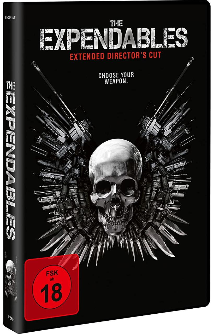 Die Expendables DVD-Hülle. Zeigt einen Totenkopf mit Waffen und eine rote '18'-Bewertung.