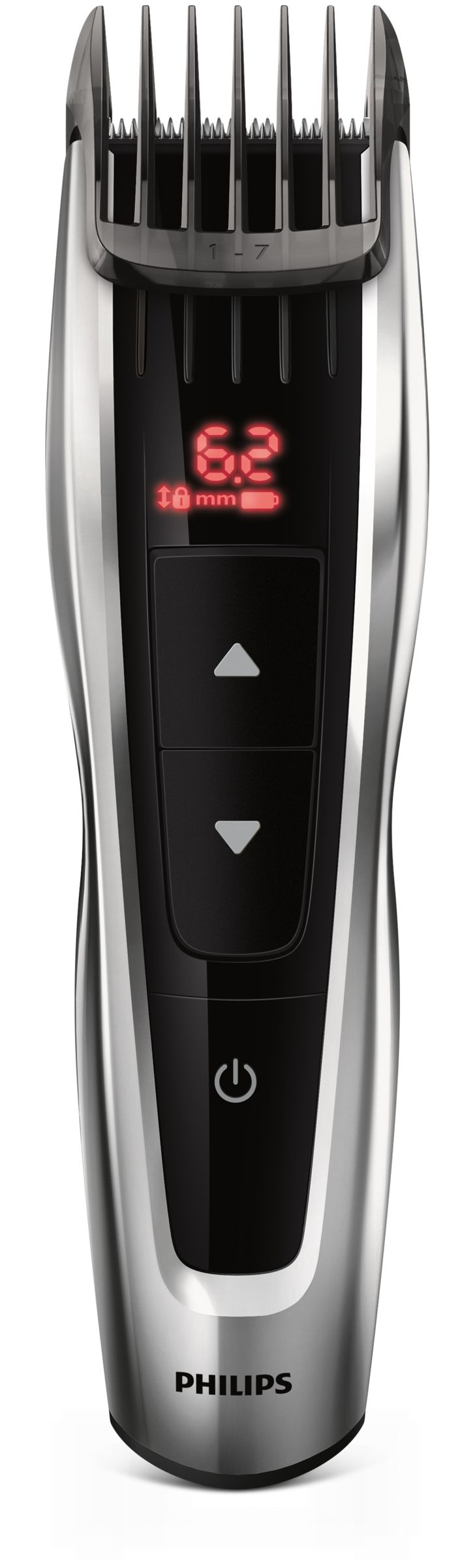 Close-up van een zilveren baardtrimmer. Digitale display met instellingen. Zwart en zilver design.