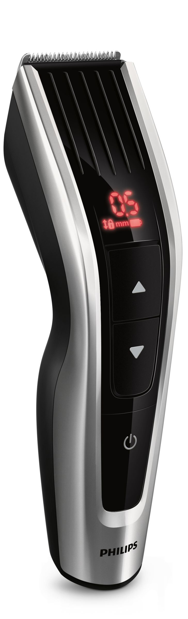 Een close-up van een Philips haartrimmer met een digitaal display dat 0,5 mm weergeeft.