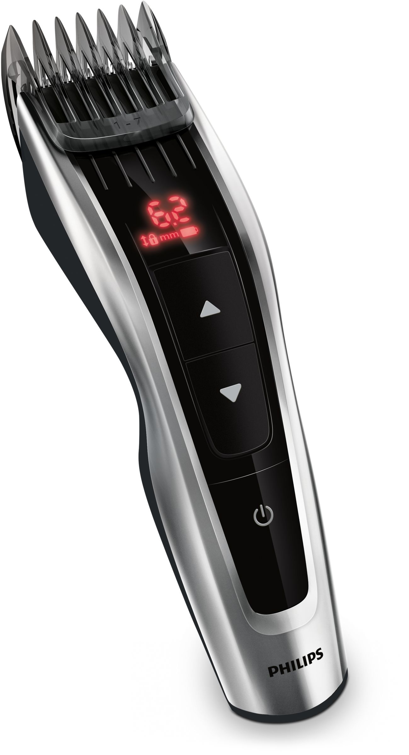 Zilveren en zwarte tondeuse met een rood digitaal display met instellingen.