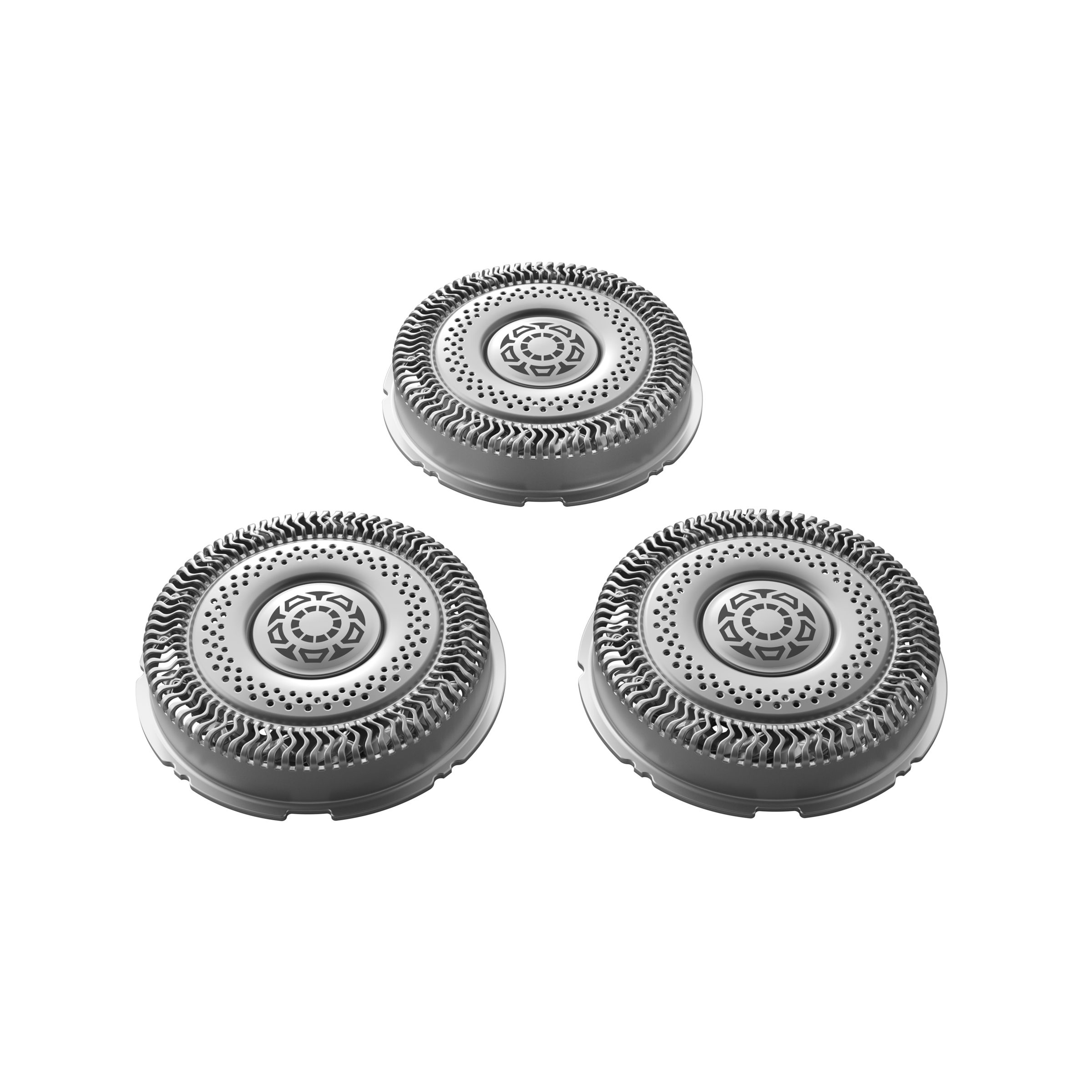 Three silver shaver heads are displayed against a white background.