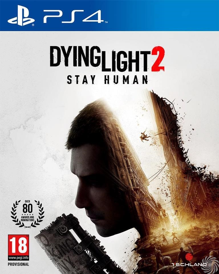 Een videogamecover, Dying Light 2 Stay Human, met een persoon op de cover.
