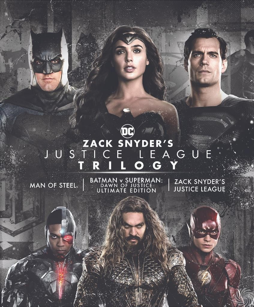 Justice League-filmcover met Batman, Wonder Woman, Superman, Cyborg, Aquaman en Flash.