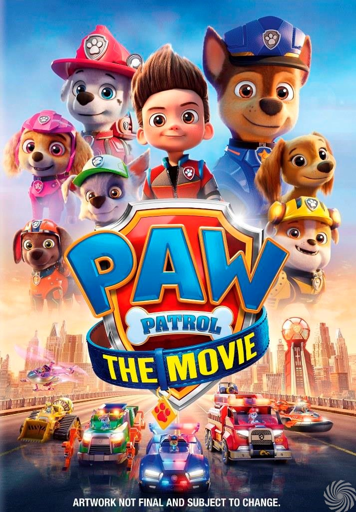 Filmposter voor 'PAW PATROL: THE MOVIE' met tekenfilmfiguren en een stadsgezicht.