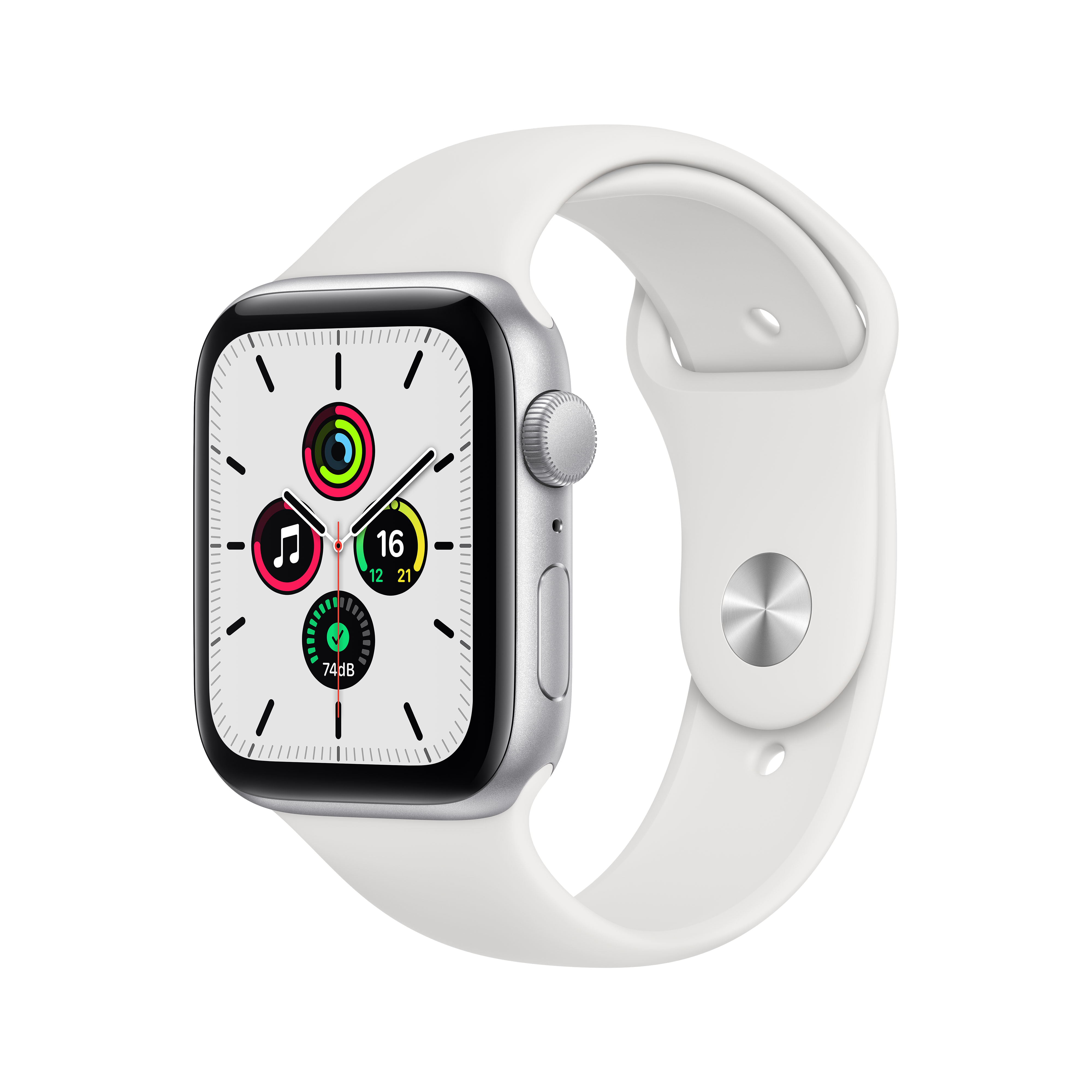 Apple Watch SE, GPS , 44 mm, Caja de aluminio en plata, Correa deportiva blanca