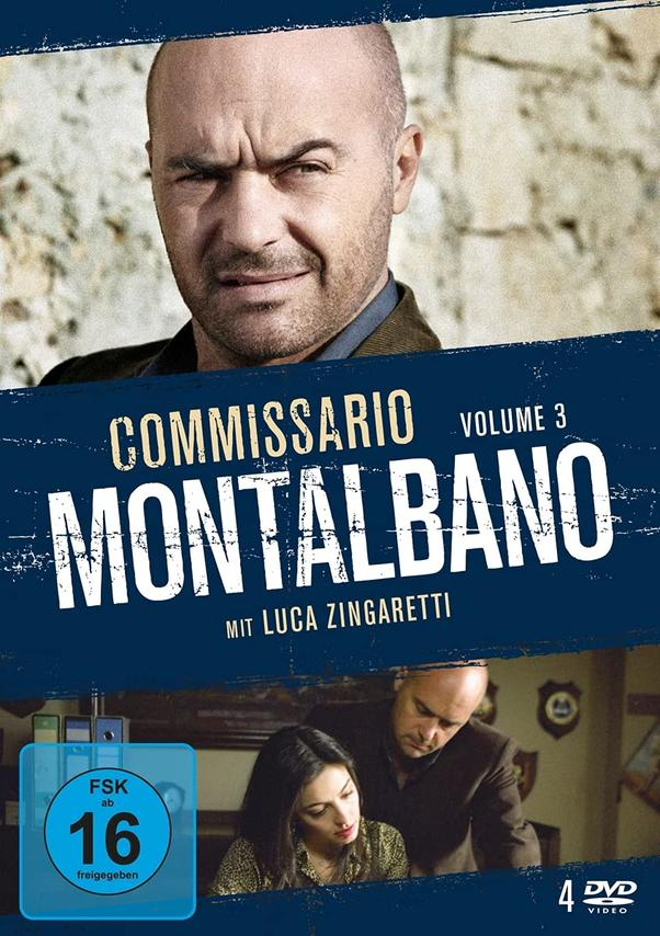 Commissario Montalbano DVD-Cover. Zeigt ein Männergesicht und zwei Personen in einer Szene.