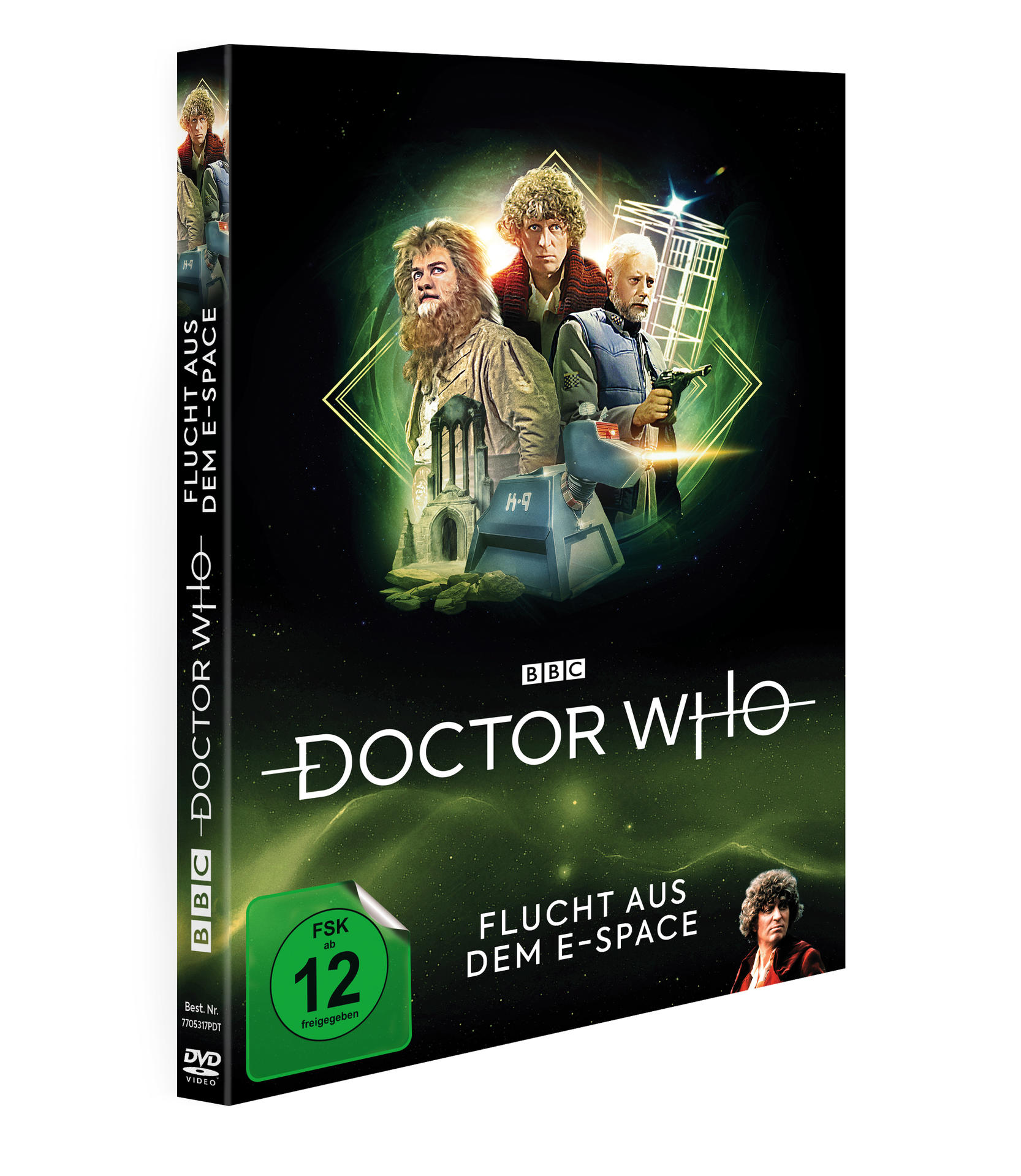 DVD-Cover von 'Doctor Who: Flucht aus dem E-Space' mit Schauspielern und dem Logo der Serie.