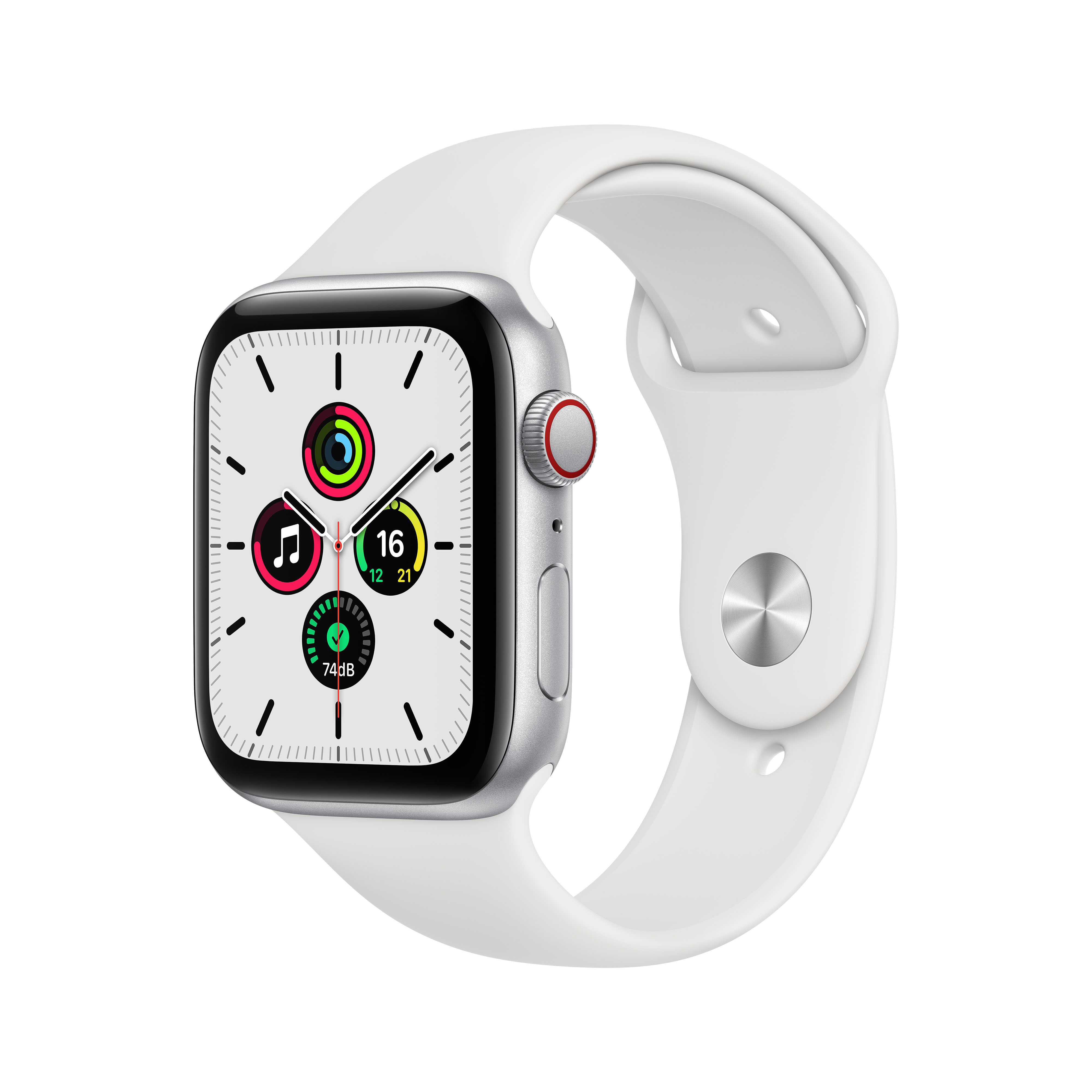 Apple Watch SE, GPS+CELL, 44 mm, Caja de aluminio en plata, Correa deportiva blanca