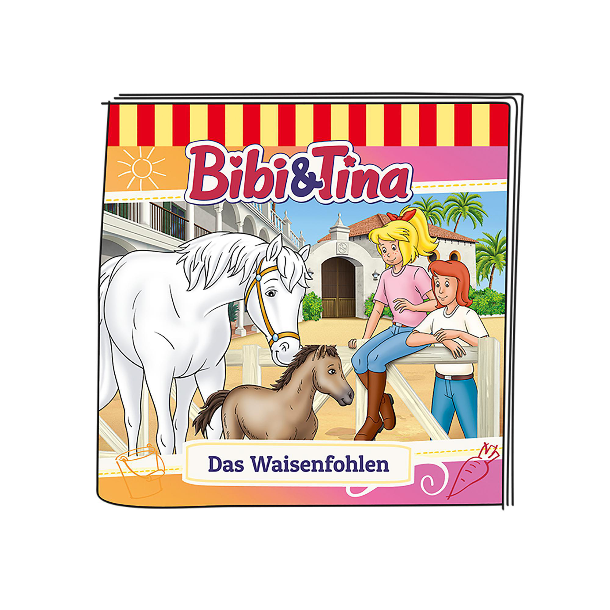 Illustration von zwei Mädchen und einem Pferd vor einem Stall mit Text.