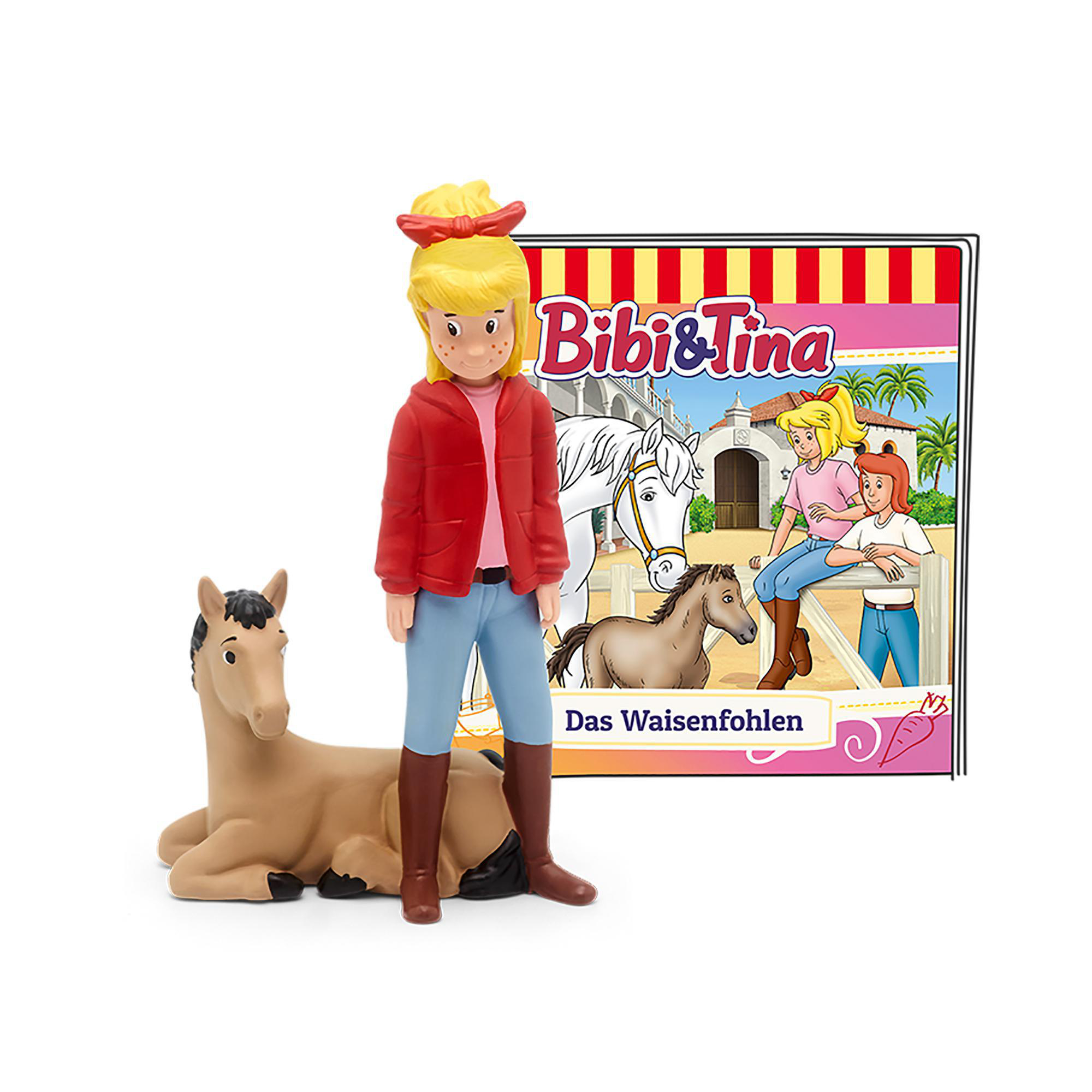Bibi & Tina Spielzeugset mit Mädchen, Pferd und Kulisse einer Stall-Szene.