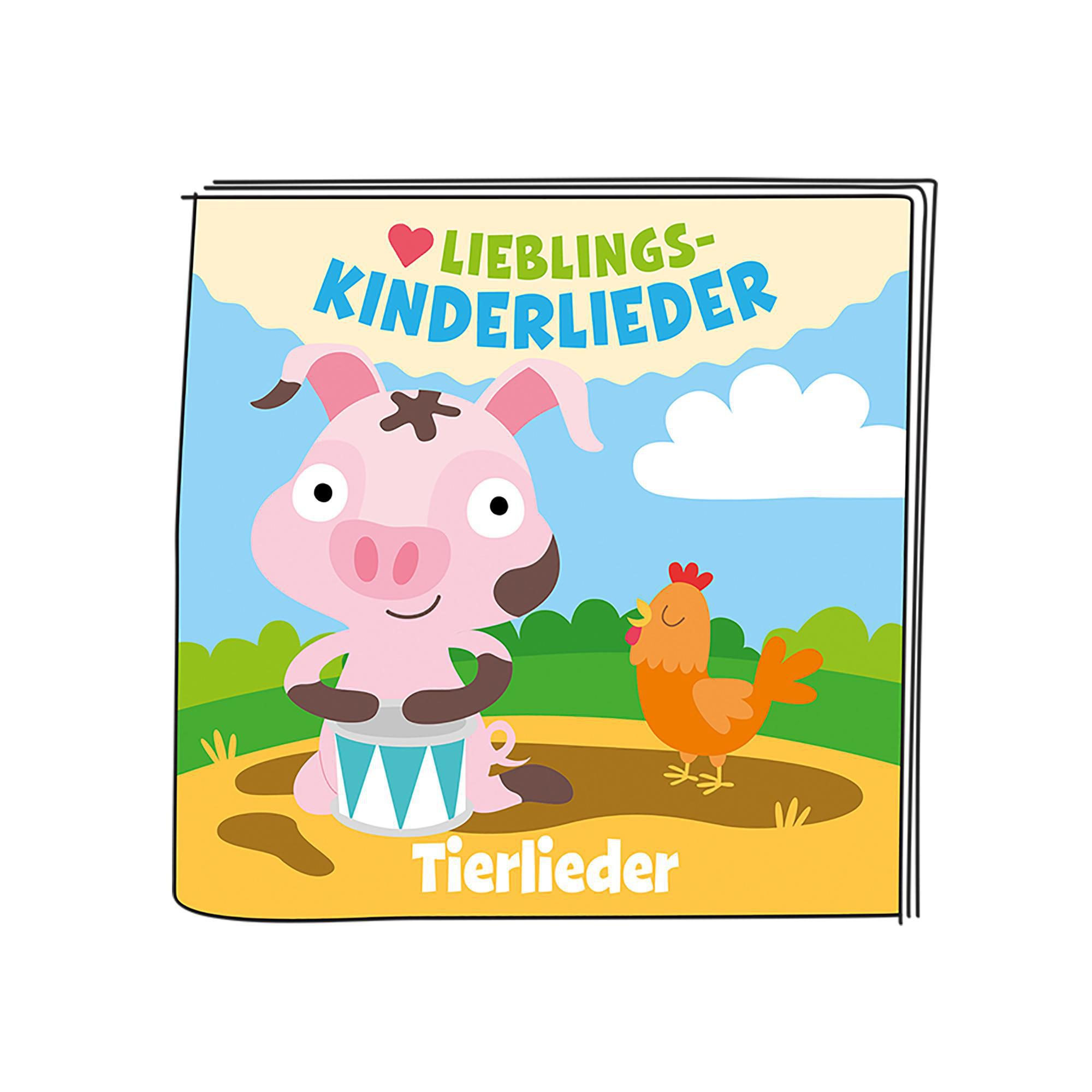 Ein Cartoon-Bild eines Schweins, das eine Trommel spielt, und eines Huhns. Text: Kinderlieder.