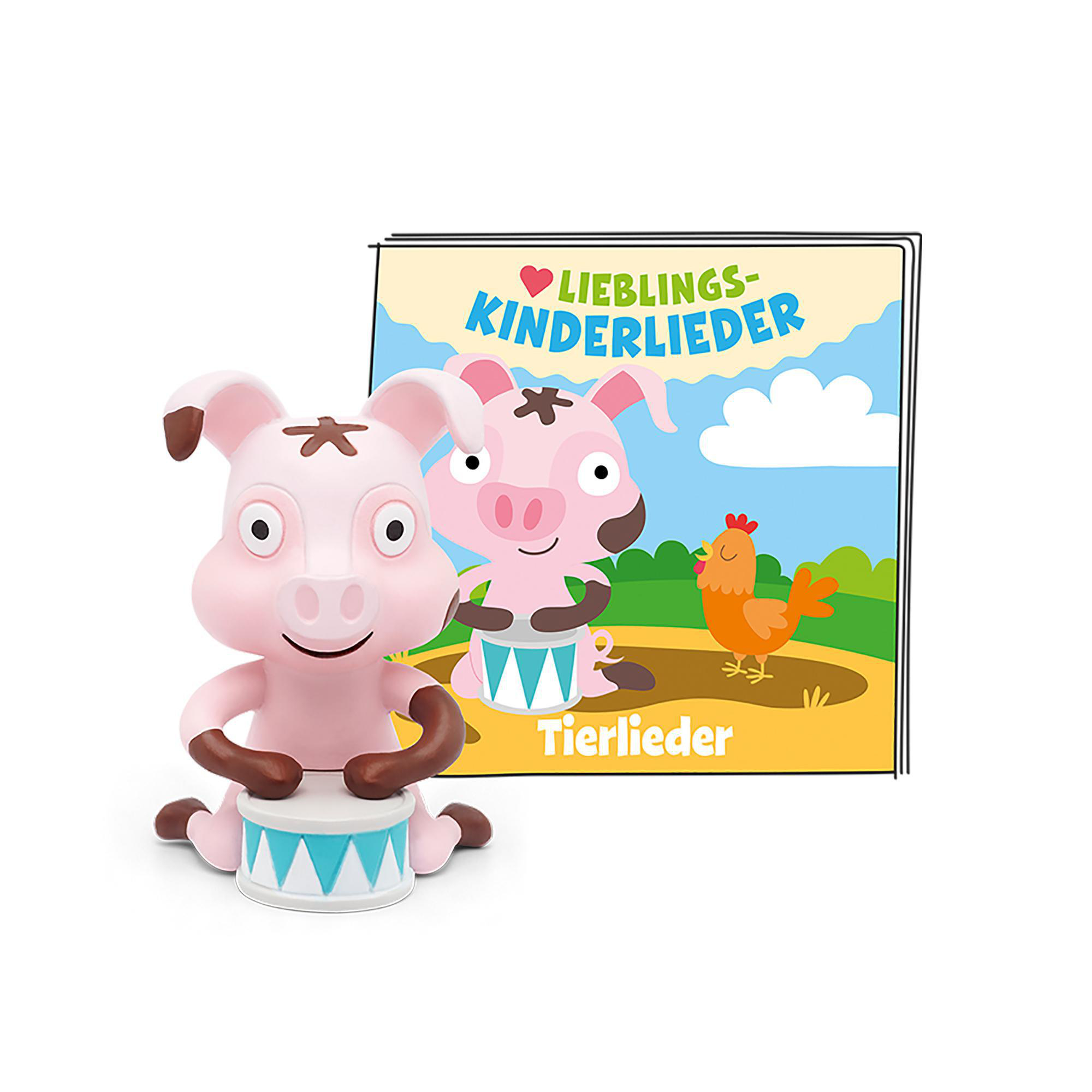 Schwein Spielzeug trommelt, mit Buch mit Schweinen und Huhn.