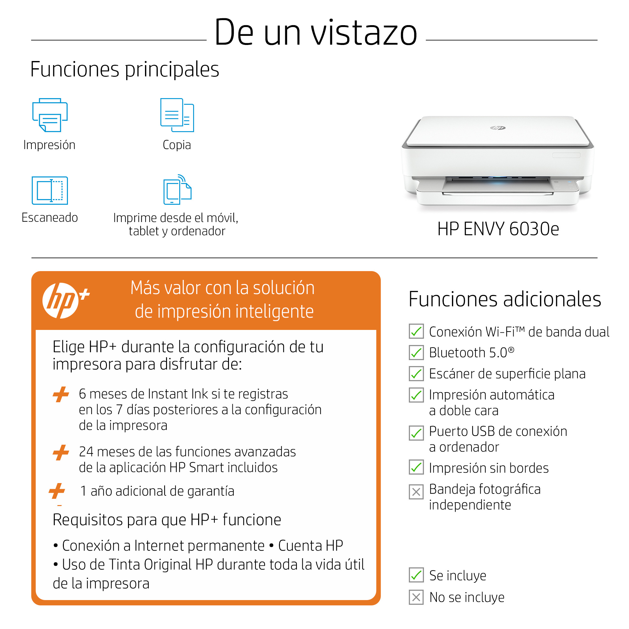 Impresora multifunción - HP Envy 6030e,Color/Mono,10 ppm,Inyección,Wi-Fi, 6 meses de impresión Instant Ink HP+