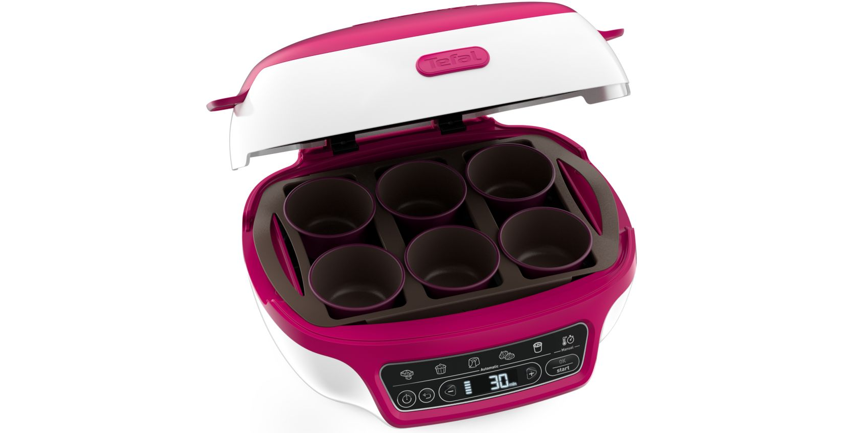 Een roze en witte Tefal muffin maker met zes bruine bekers erin en een bedieningspaneel.