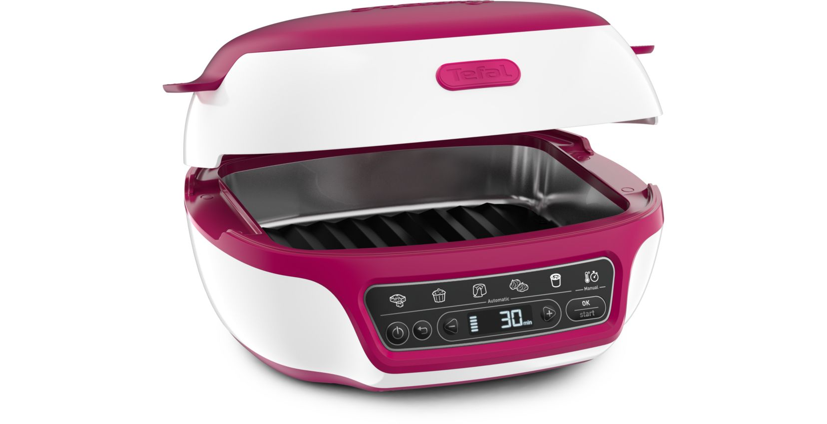 Tefal kooktoestel, open met een roze interieur en bedieningspaneel, tekst: Automatisch, 30 min.