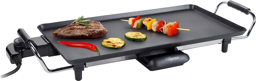 Gril électrique avec steak, légumes et brochette. Surface noire avec poignées.