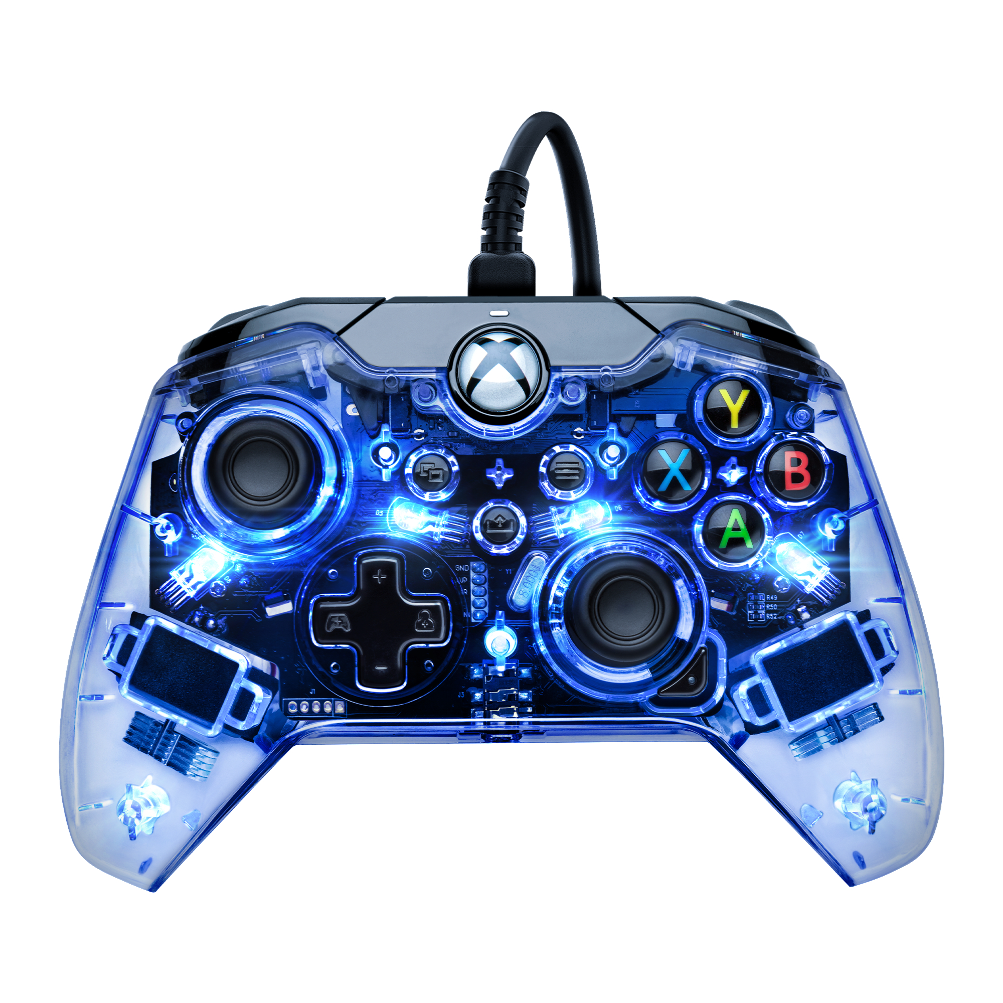 Ein durchsichtiger blauer Gaming-Controller mit beleuchteten Tasten und internen Komponenten.